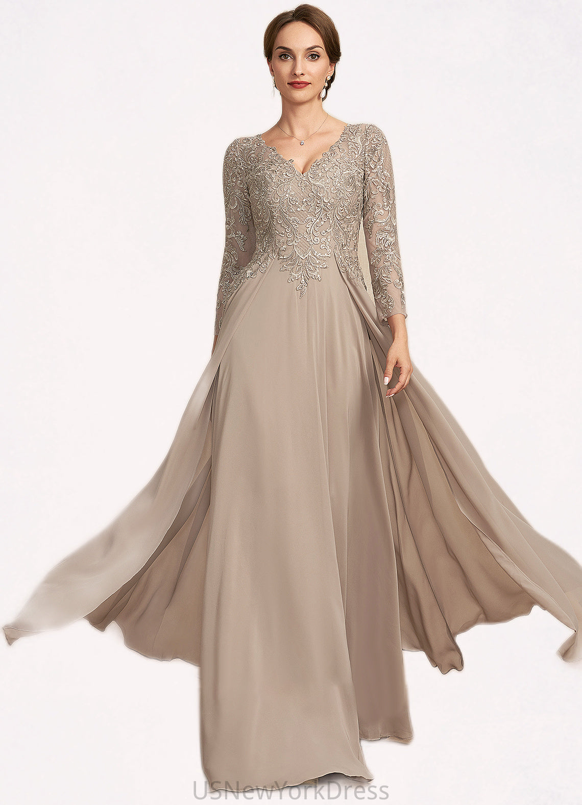 Deja A-Line V-neck Floor-Length Chiffon Lace Mother of the Bride Dress DJ126P0014754