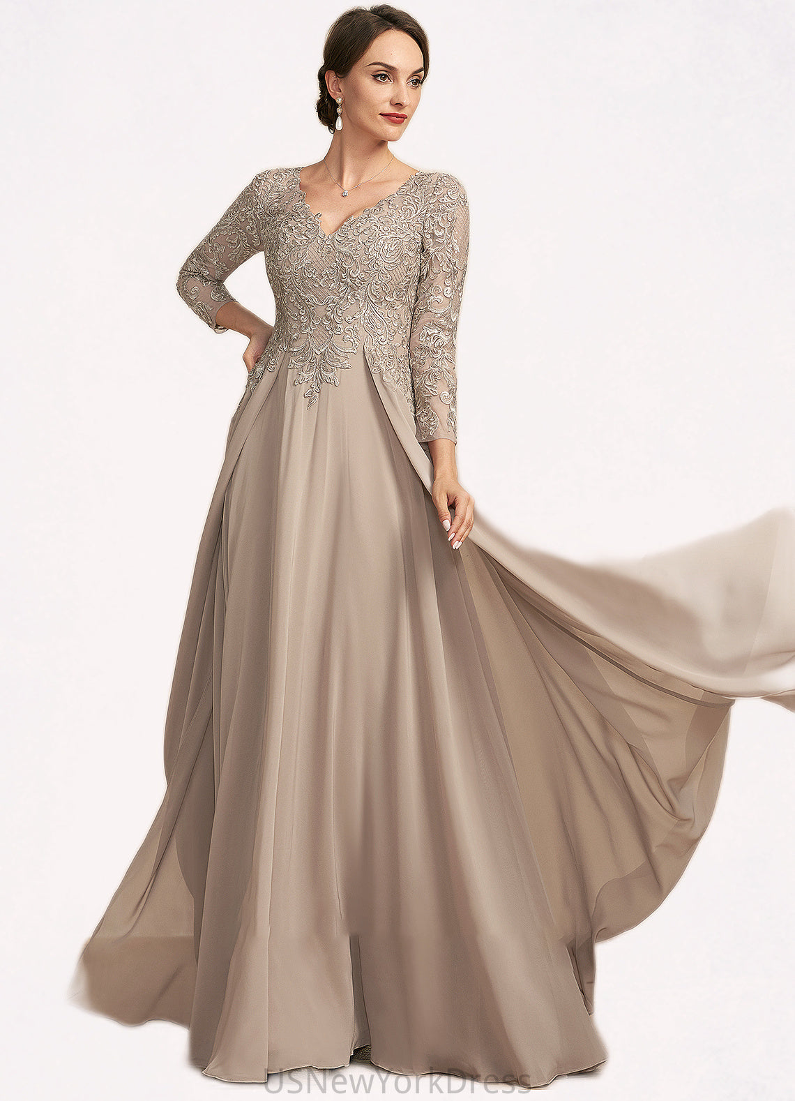 Deja A-Line V-neck Floor-Length Chiffon Lace Mother of the Bride Dress DJ126P0014754