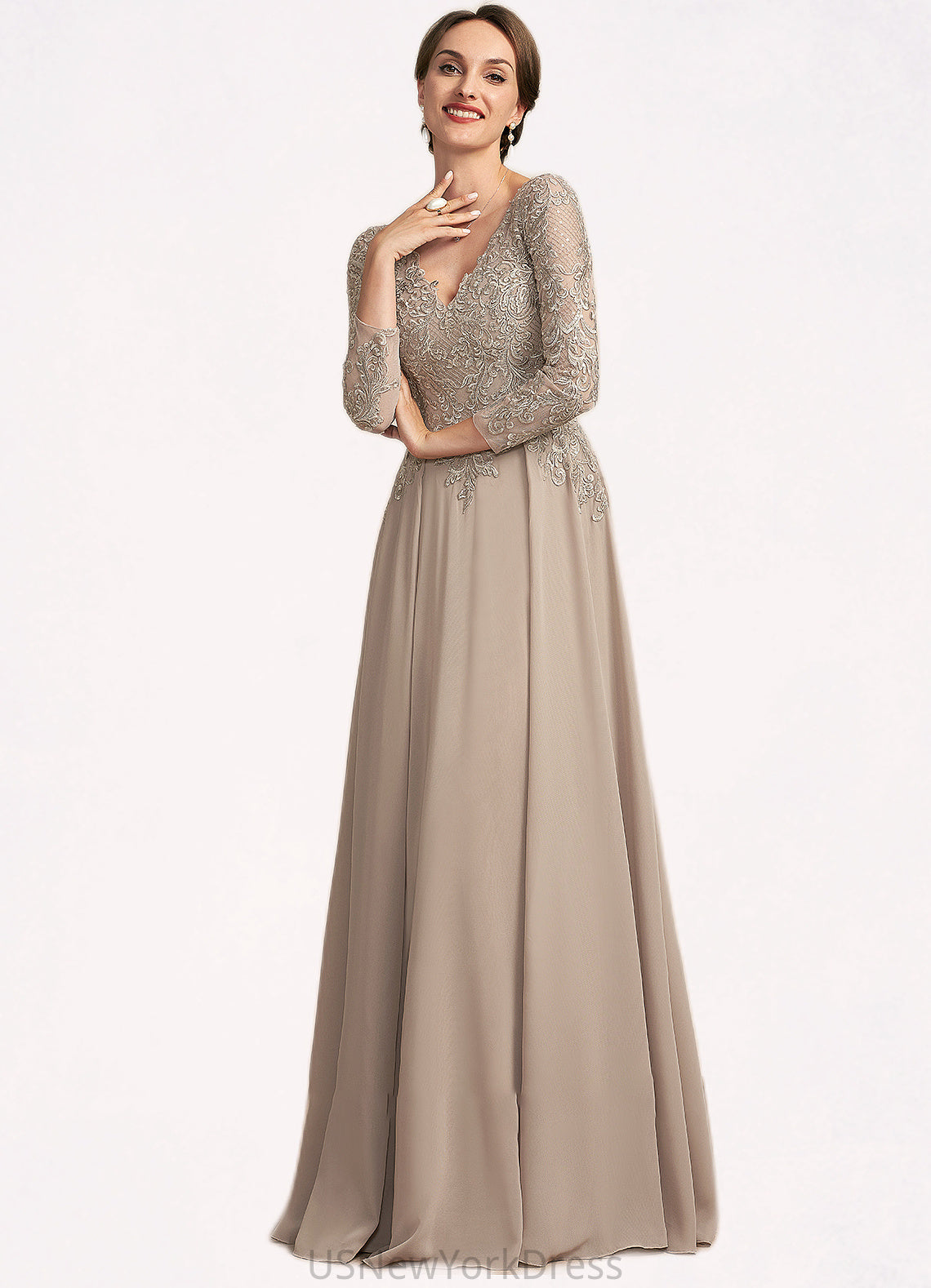 Deja A-Line V-neck Floor-Length Chiffon Lace Mother of the Bride Dress DJ126P0014754