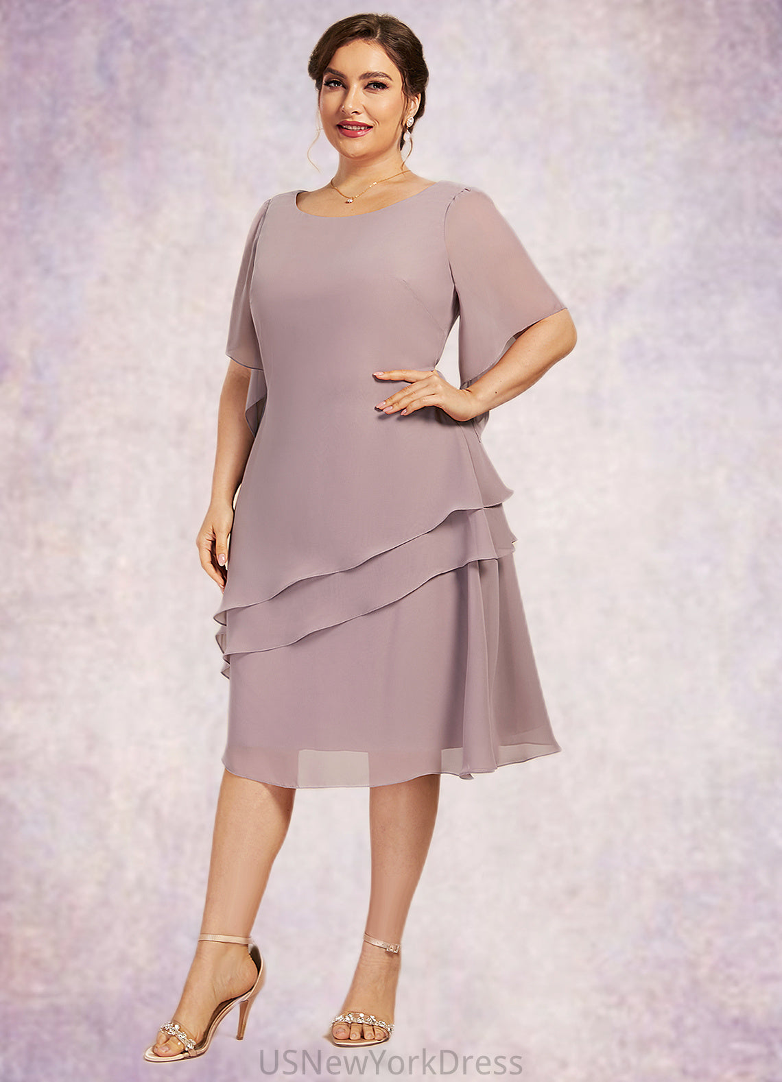 Virginia A-Line Scoop Neck Knee-Length Chiffon Mother of the Bride Dress With Cascading Ruffles DJ126P0014755