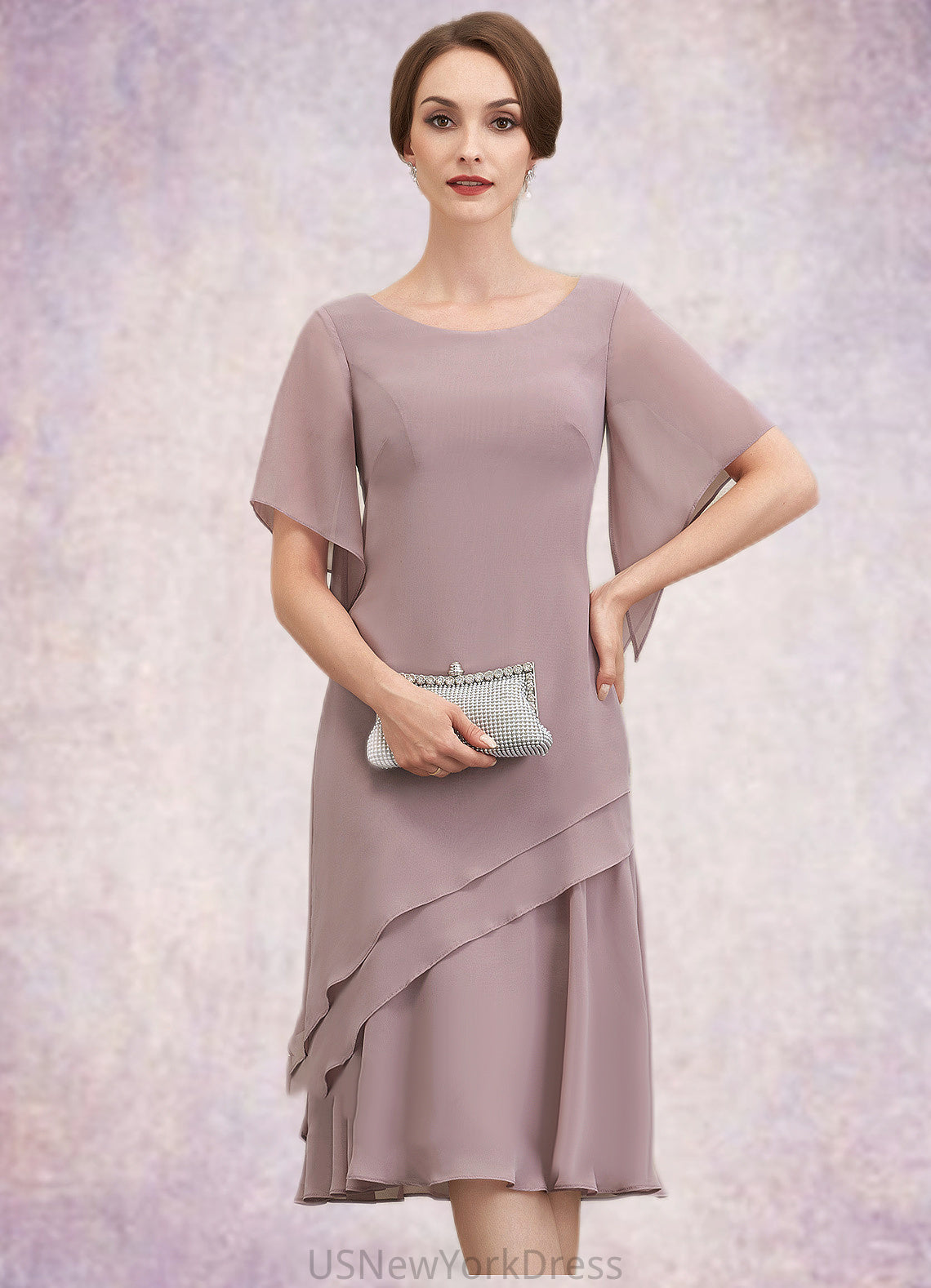 Virginia A-Line Scoop Neck Knee-Length Chiffon Mother of the Bride Dress With Cascading Ruffles DJ126P0014755