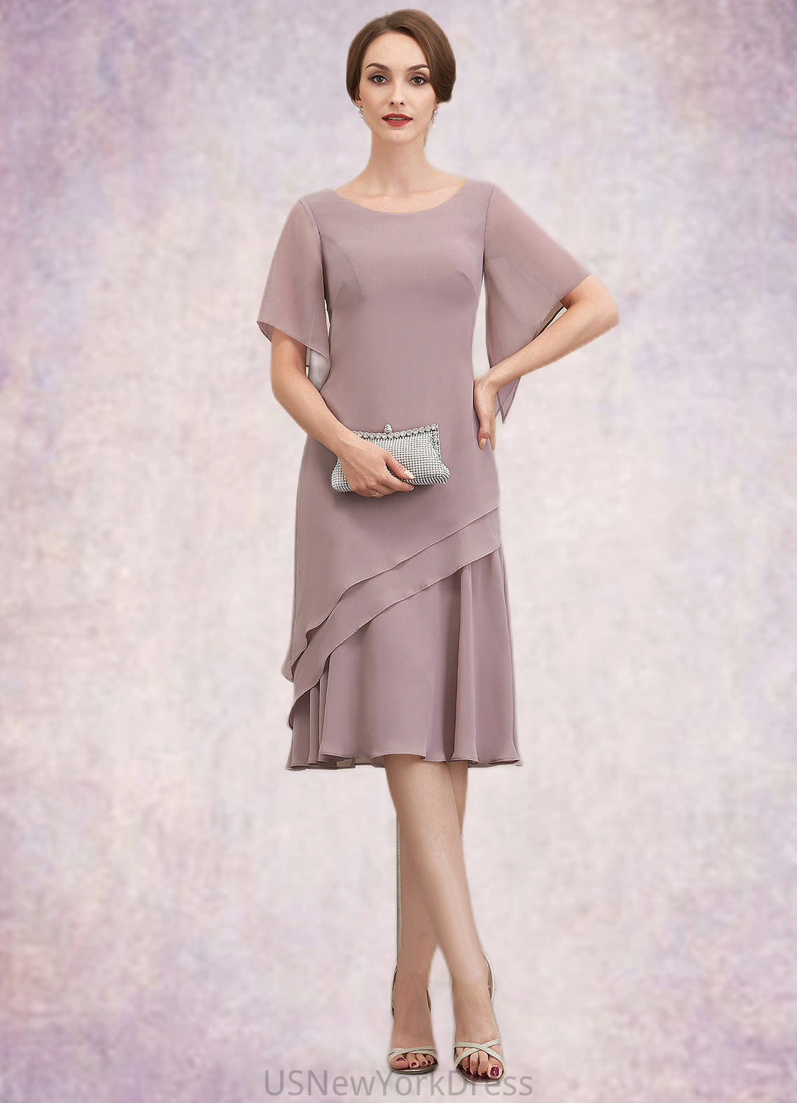 Virginia A-Line Scoop Neck Knee-Length Chiffon Mother of the Bride Dress With Cascading Ruffles DJ126P0014755