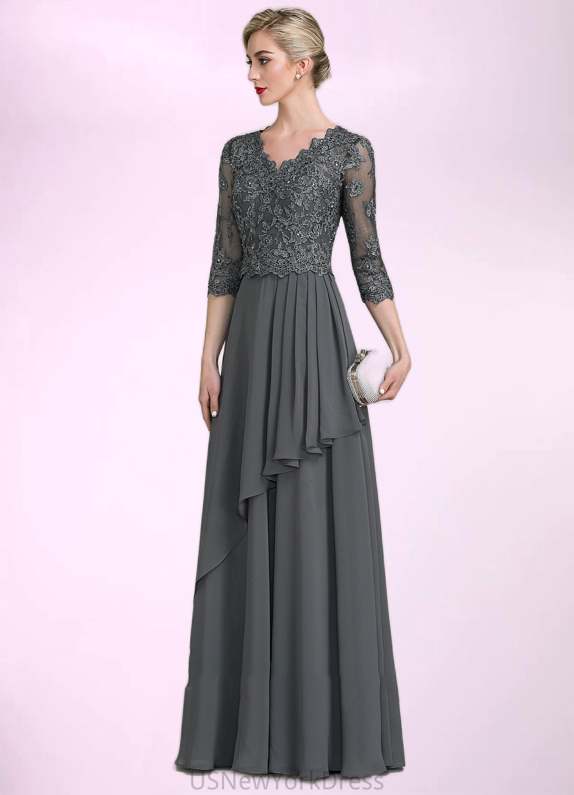 Eleanor A-Line V-neck Floor-Length Chiffon Lace Mother of the Bride Dress With Beading Sequins Cascading Ruffles DJ126P0014756