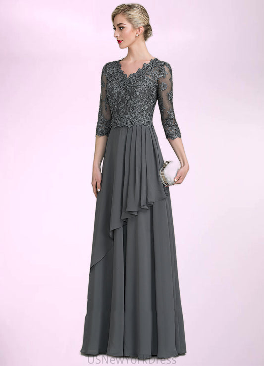 Eleanor A-Line V-neck Floor-Length Chiffon Lace Mother of the Bride Dress With Beading Sequins Cascading Ruffles DJ126P0014756