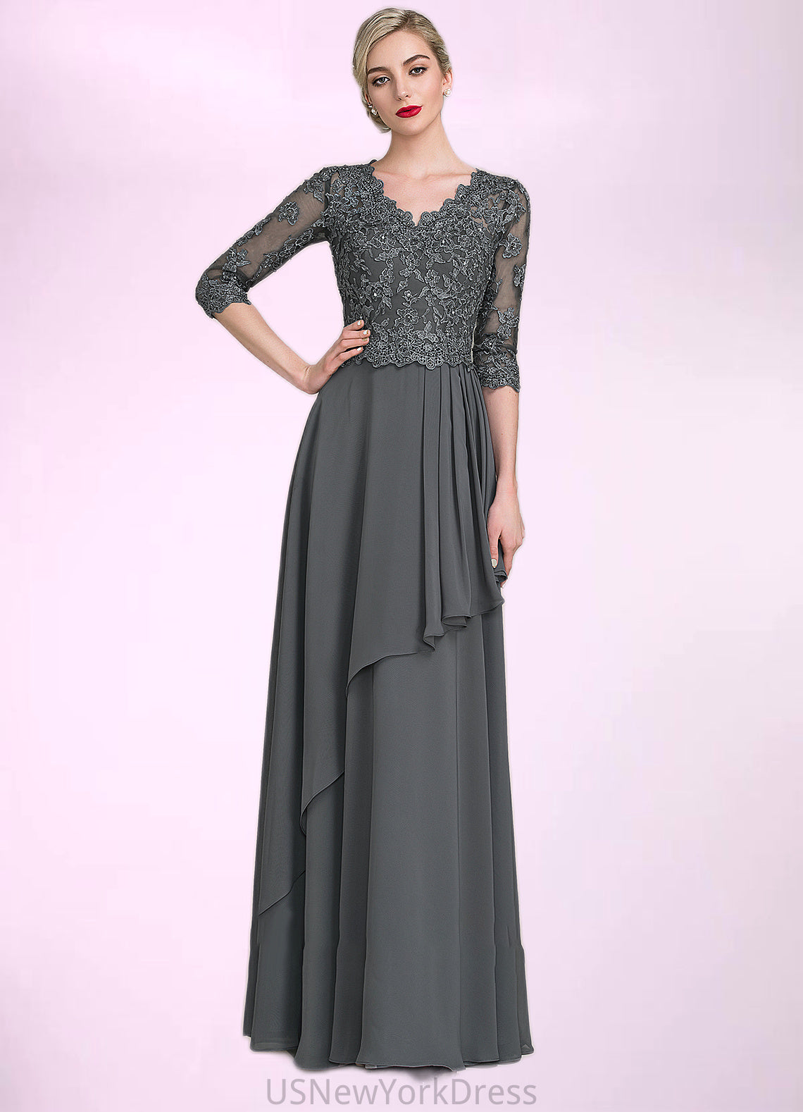 Eleanor A-Line V-neck Floor-Length Chiffon Lace Mother of the Bride Dress With Beading Sequins Cascading Ruffles DJ126P0014756