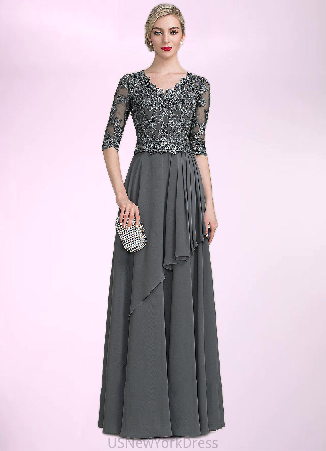 Eleanor A-Line V-neck Floor-Length Chiffon Lace Mother of the Bride Dress With Beading Sequins Cascading Ruffles DJ126P0014756