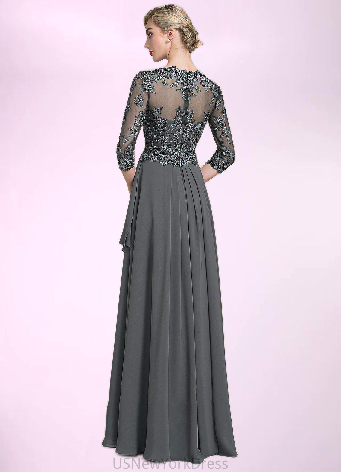 Eleanor A-Line V-neck Floor-Length Chiffon Lace Mother of the Bride Dress With Beading Sequins Cascading Ruffles DJ126P0014756