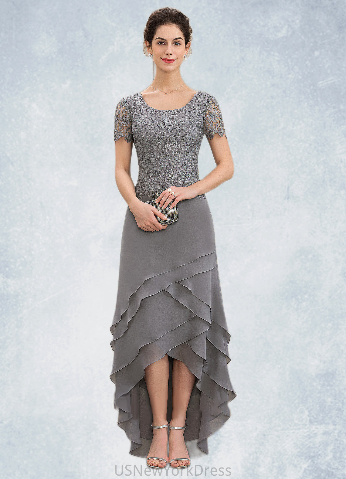 Jenny A-Line Scoop Neck Asymmetrical Chiffon Lace Mother of the Bride Dress With Cascading Ruffles DJ126P0014757