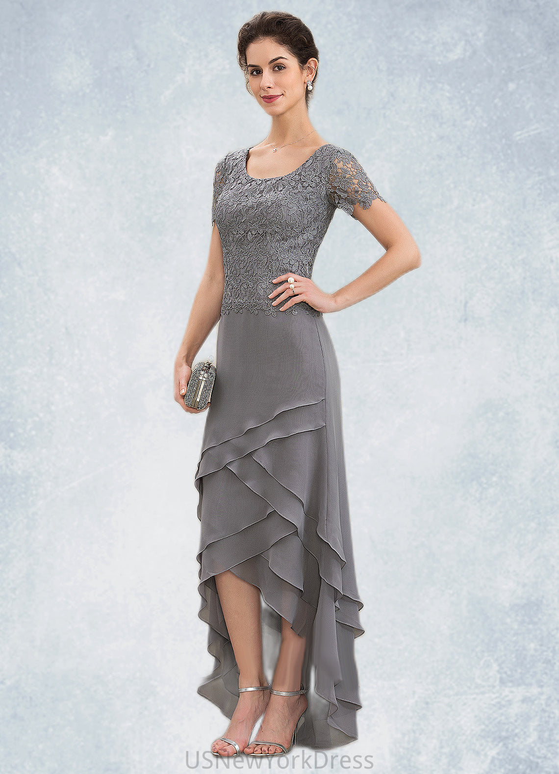 Jenny A-Line Scoop Neck Asymmetrical Chiffon Lace Mother of the Bride Dress With Cascading Ruffles DJ126P0014757