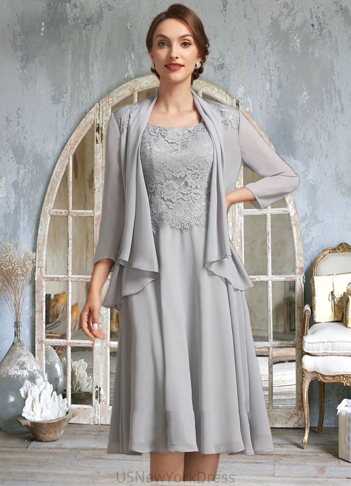 Martina A-Line Square Neckline Knee-Length Chiffon Lace Mother of the Bride Dress DJ126P0014759