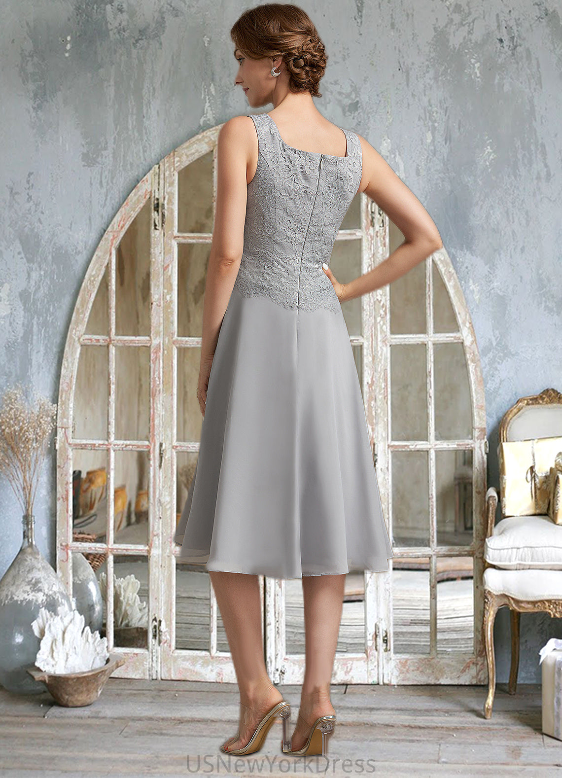 Martina A-Line Square Neckline Knee-Length Chiffon Lace Mother of the Bride Dress DJ126P0014759