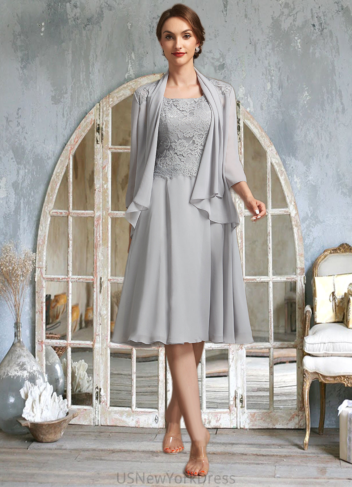 Martina A-Line Square Neckline Knee-Length Chiffon Lace Mother of the Bride Dress DJ126P0014759