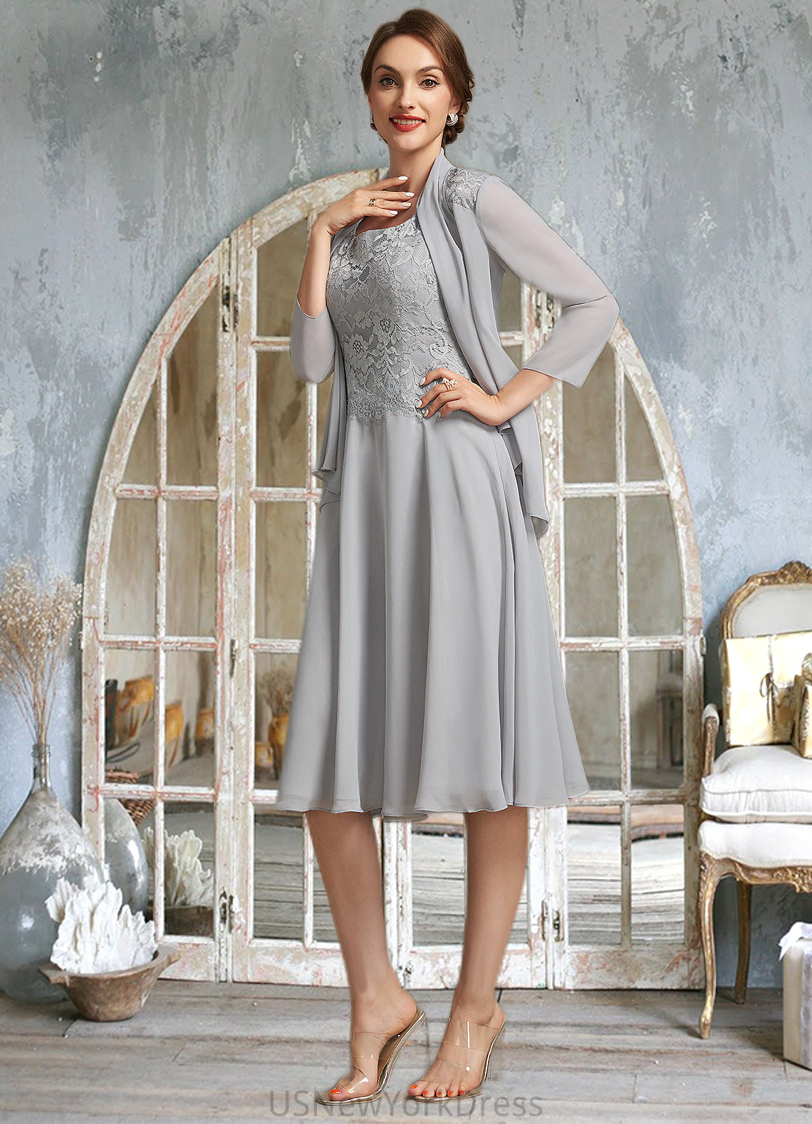 Martina A-Line Square Neckline Knee-Length Chiffon Lace Mother of the Bride Dress DJ126P0014759