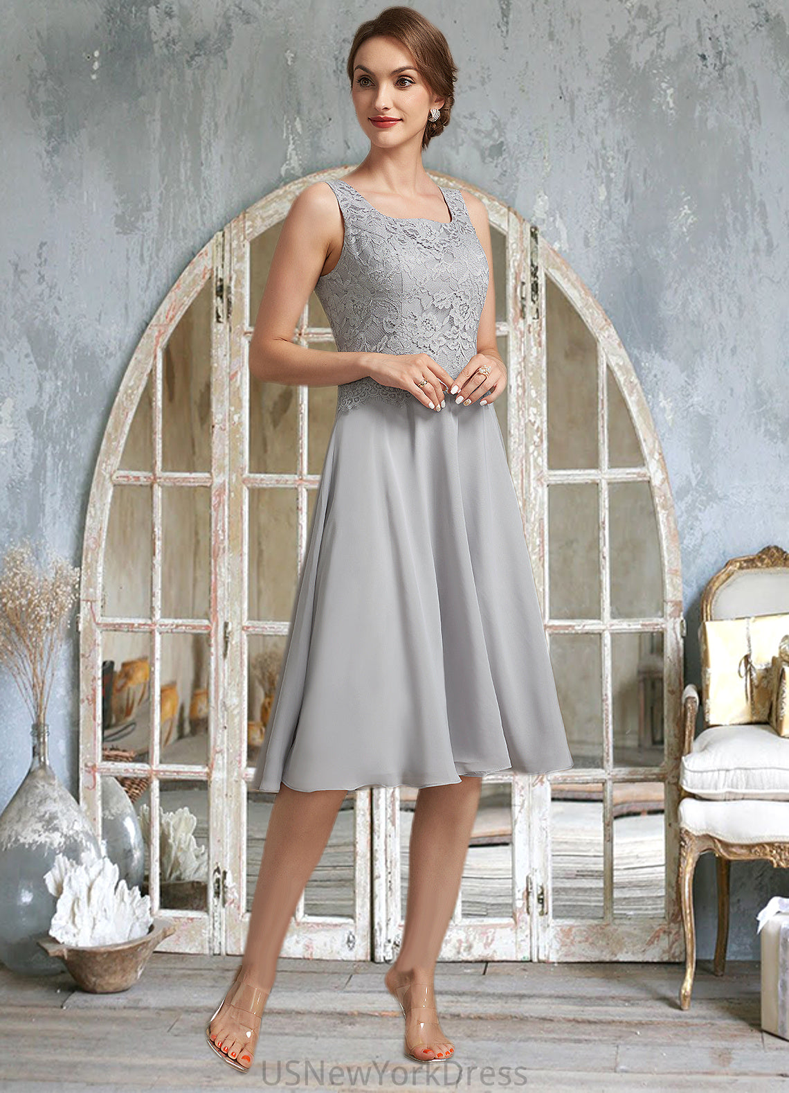 Martina A-Line Square Neckline Knee-Length Chiffon Lace Mother of the Bride Dress DJ126P0014759