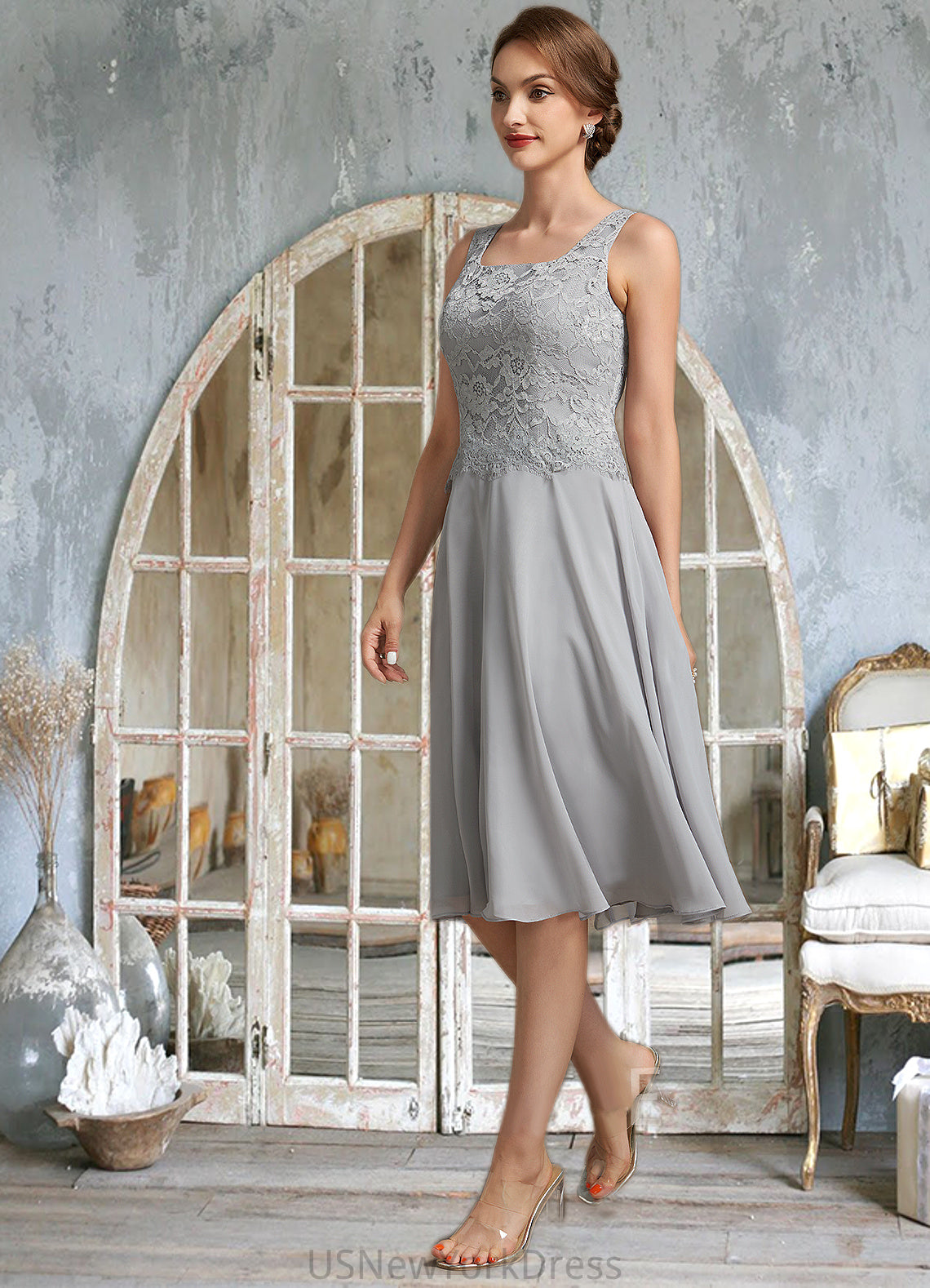 Martina A-Line Square Neckline Knee-Length Chiffon Lace Mother of the Bride Dress DJ126P0014759