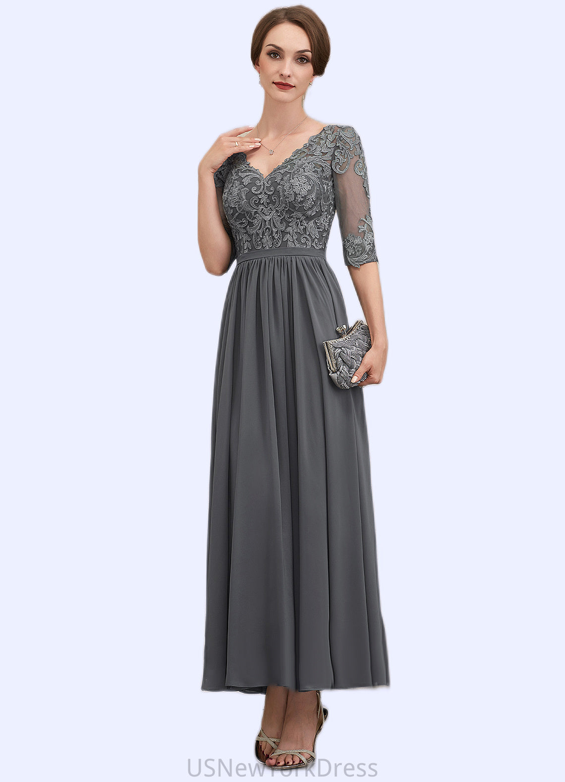 Audrey A-line V-Neck Ankle-Length Chiffon Lace Mother of the Bride Dress DJ126P0014760