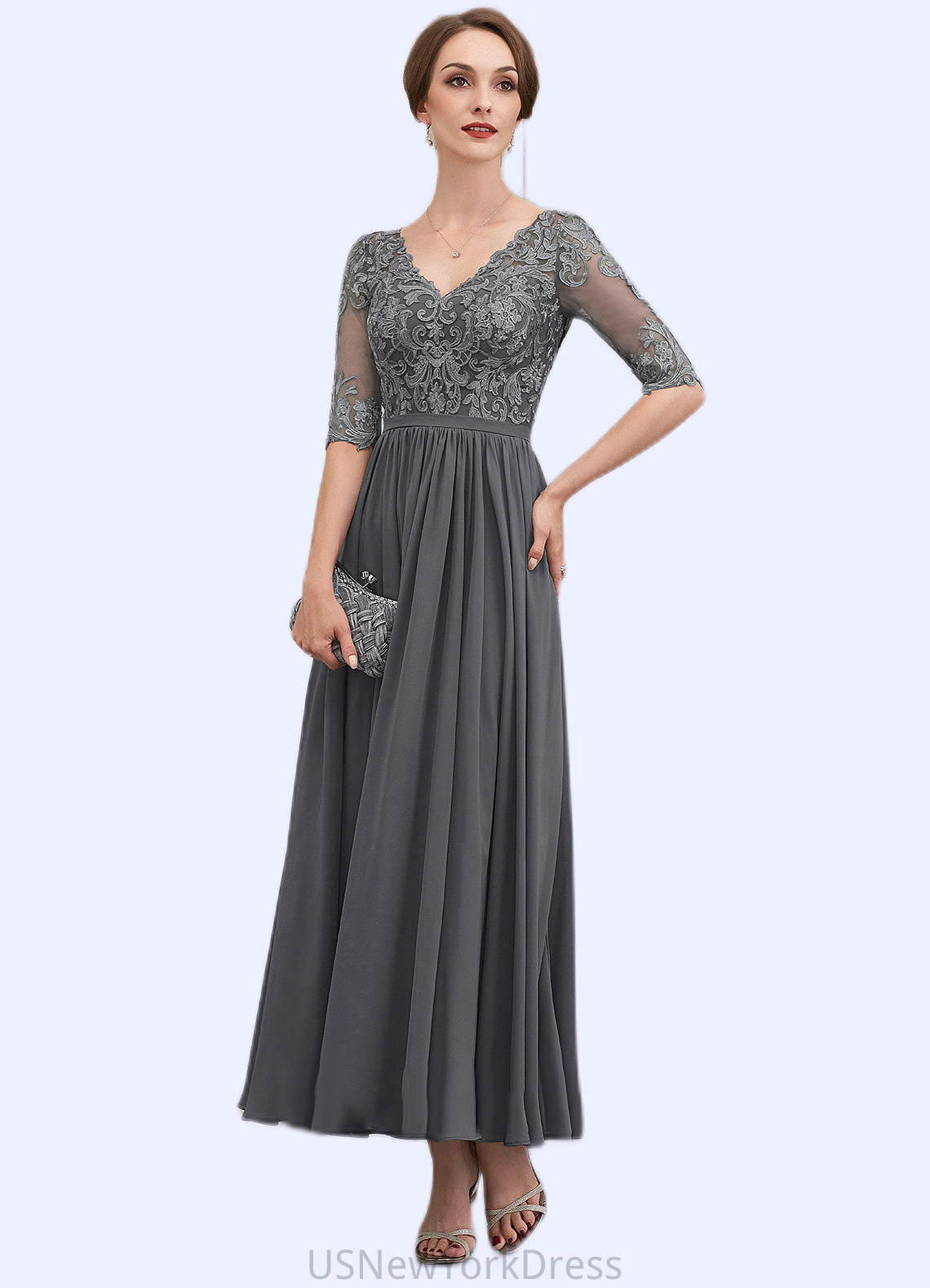 Audrey A-line V-Neck Ankle-Length Chiffon Lace Mother of the Bride Dress DJ126P0014760