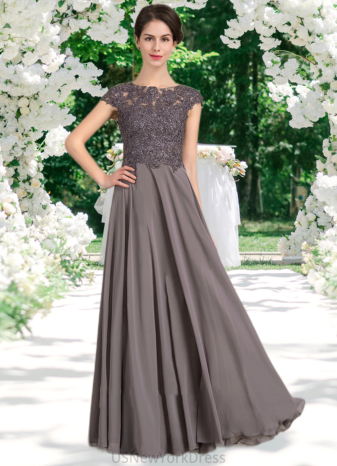 Novia A-Line Scoop Neck Floor-Length Chiffon Lace Mother of the Bride Dress With Beading DJ126P0014761