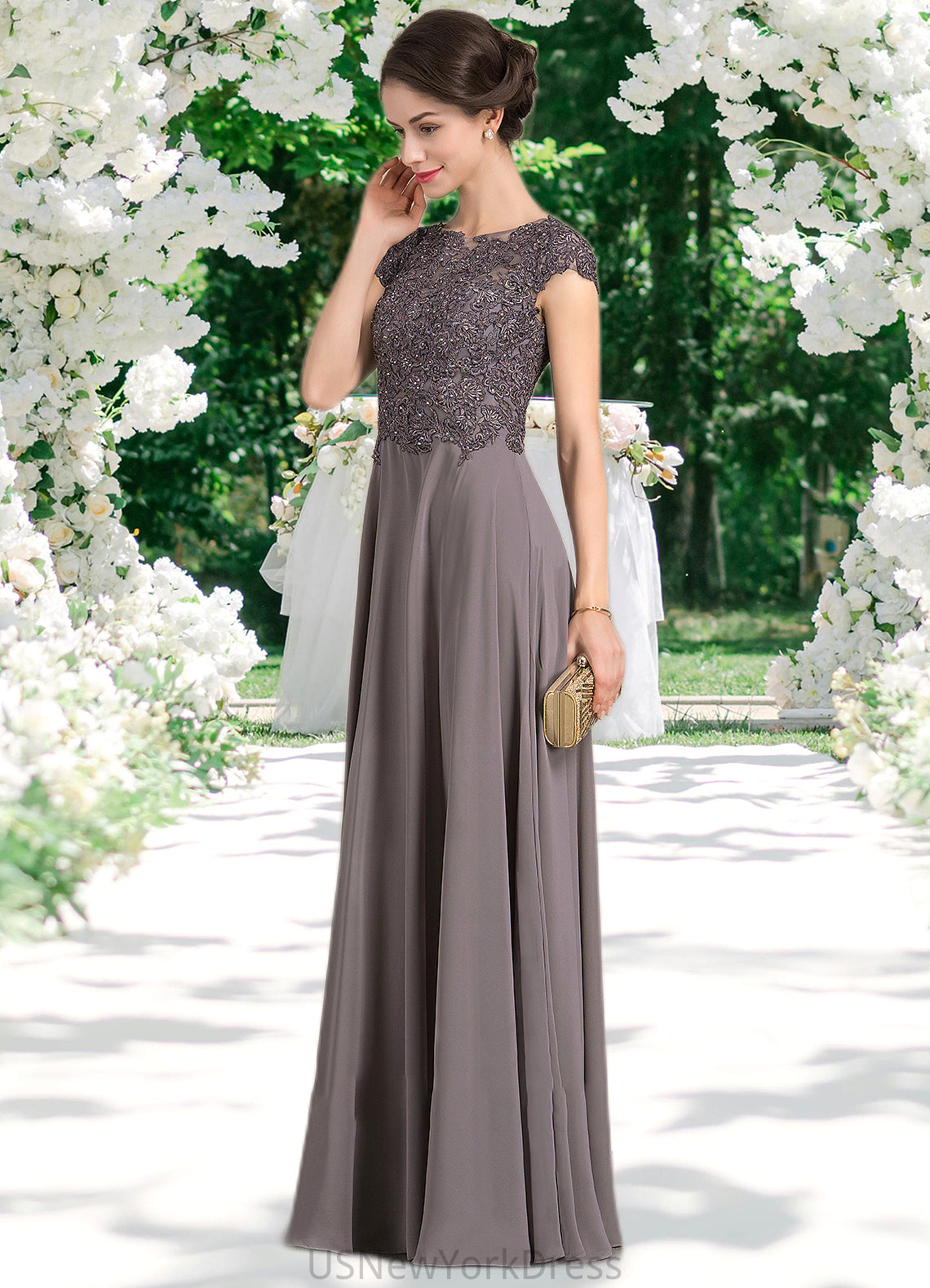 Novia A-Line Scoop Neck Floor-Length Chiffon Lace Mother of the Bride Dress With Beading DJ126P0014761