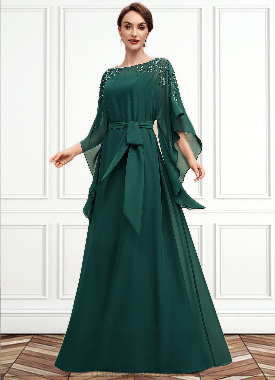 Avah A-Line Scoop Neck Floor-Length Chiffon Mother of the Bride Dress With Beading Bow(s) DJ126P0014763