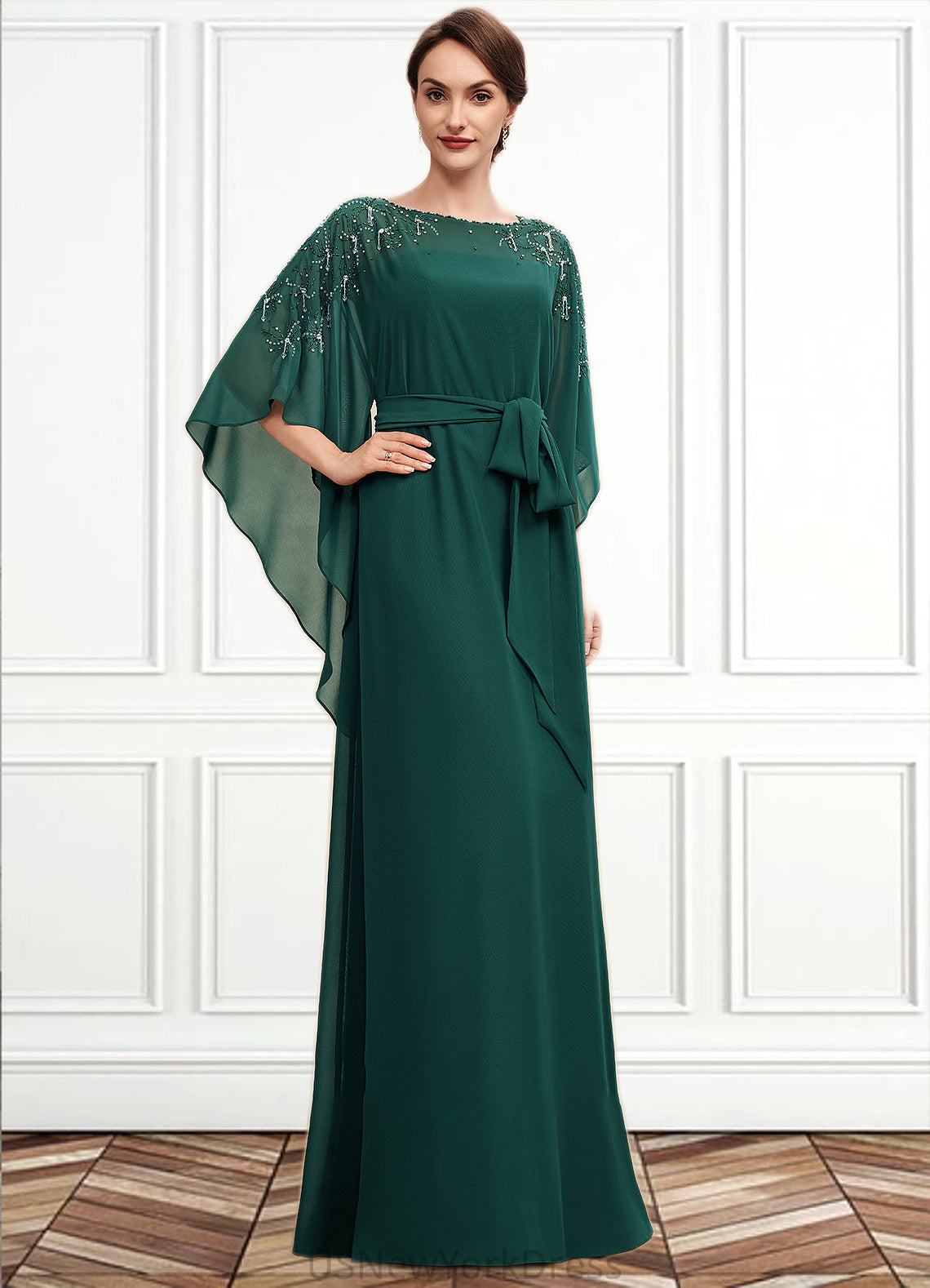 Avah A-Line Scoop Neck Floor-Length Chiffon Mother of the Bride Dress With Beading Bow(s) DJ126P0014763