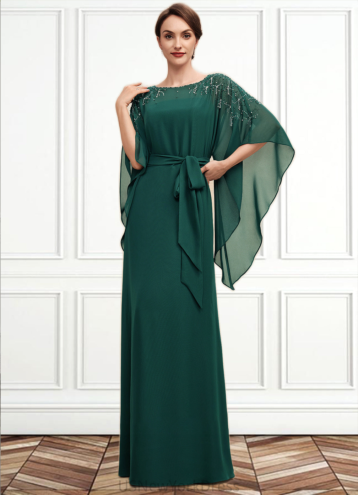 Avah A-Line Scoop Neck Floor-Length Chiffon Mother of the Bride Dress With Beading Bow(s) DJ126P0014763