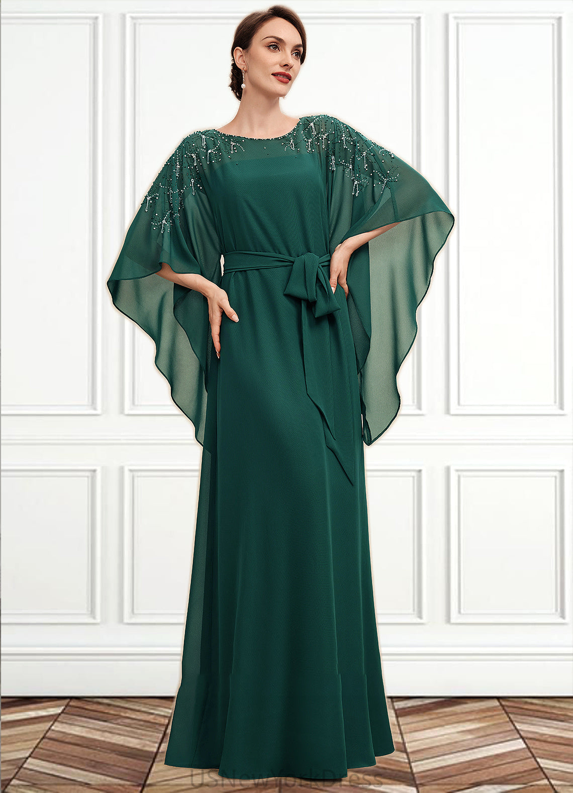 Avah A-Line Scoop Neck Floor-Length Chiffon Mother of the Bride Dress With Beading Bow(s) DJ126P0014763