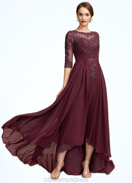 Shania A-Line Scoop Neck Asymmetrical Chiffon Lace Mother of the Bride Dress With Ruffle Sequins DJ126P0014765