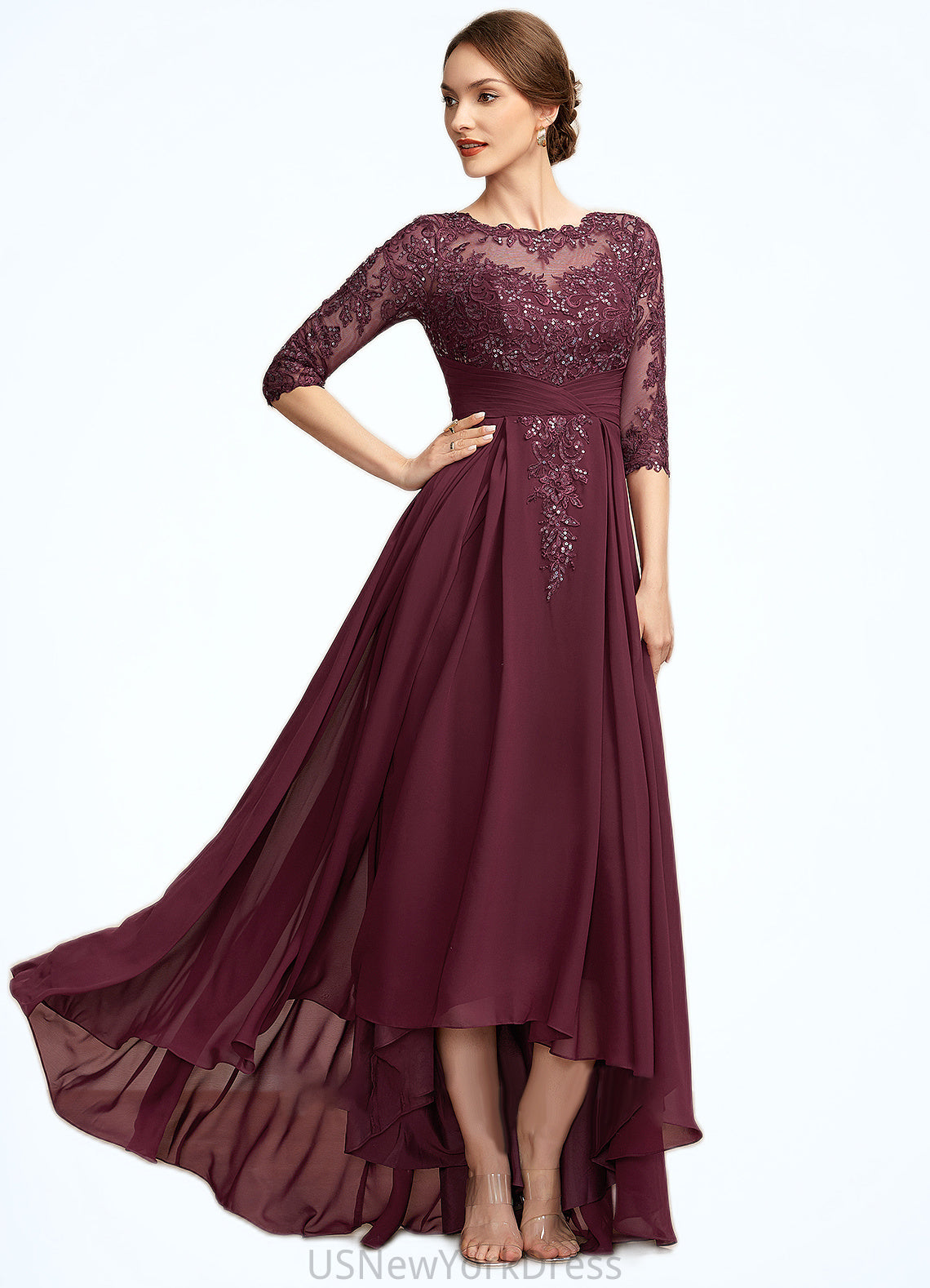 Shania A-Line Scoop Neck Asymmetrical Chiffon Lace Mother of the Bride Dress With Ruffle Sequins DJ126P0014765