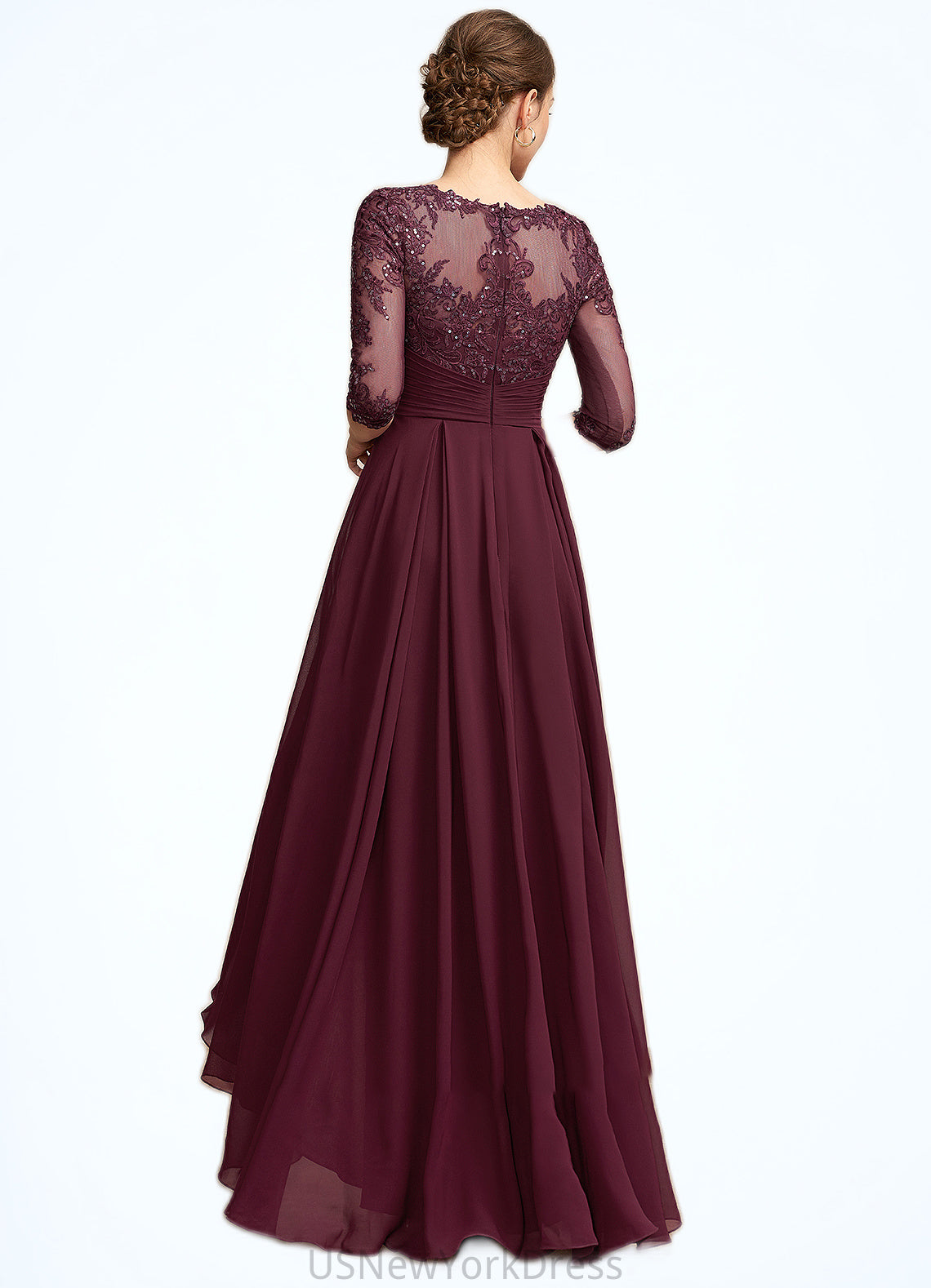 Shania A-Line Scoop Neck Asymmetrical Chiffon Lace Mother of the Bride Dress With Ruffle Sequins DJ126P0014765