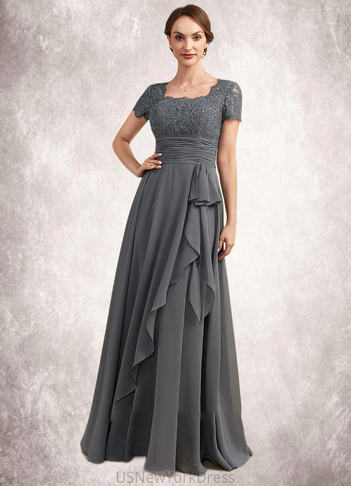 Valentina A-Line Square Neckline Floor-Length Chiffon Lace Mother of the Bride Dress With Ruffle Sequins DJ126P0014770