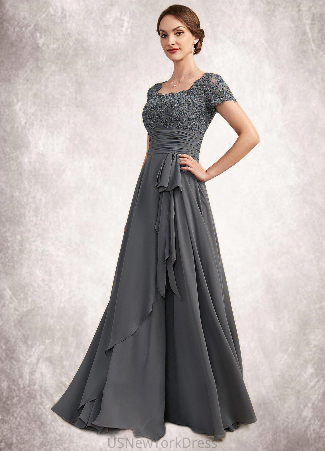 Valentina A-Line Square Neckline Floor-Length Chiffon Lace Mother of the Bride Dress With Ruffle Sequins DJ126P0014770