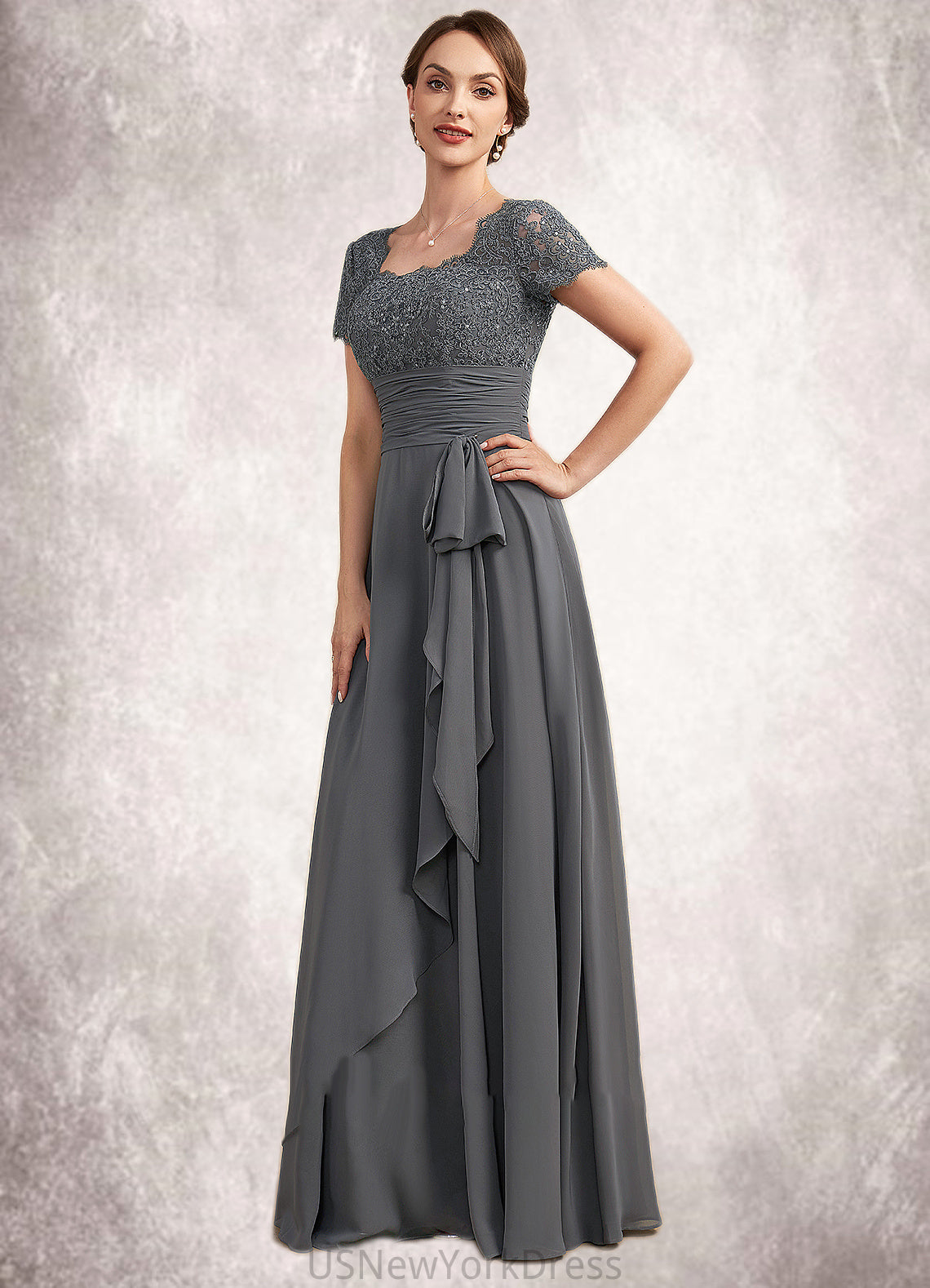 Valentina A-Line Square Neckline Floor-Length Chiffon Lace Mother of the Bride Dress With Ruffle Sequins DJ126P0014770