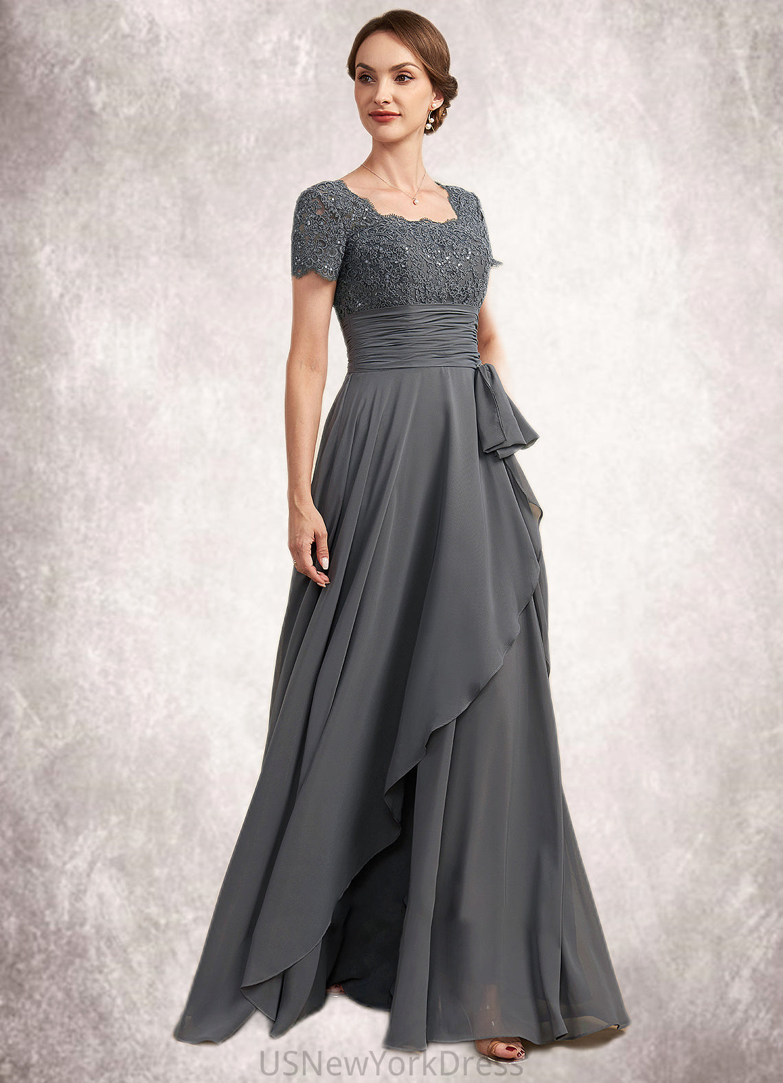 Valentina A-Line Square Neckline Floor-Length Chiffon Lace Mother of the Bride Dress With Ruffle Sequins DJ126P0014770