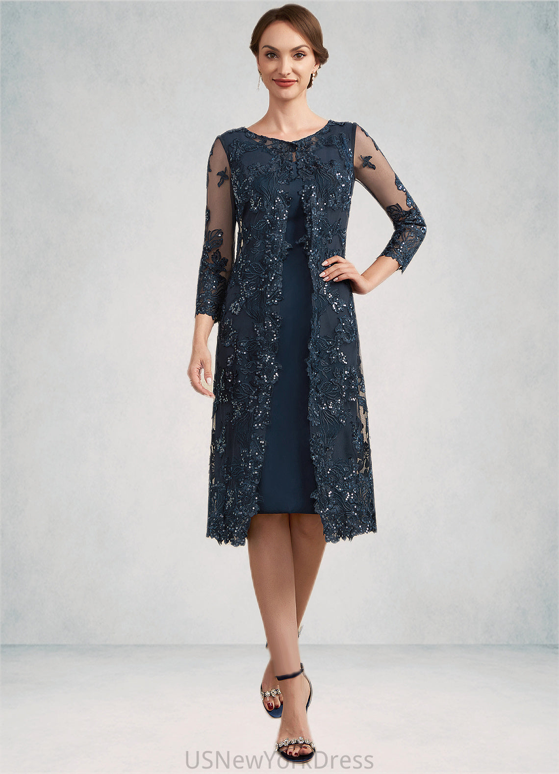 Marlie Sheath/Column Scoop Neck Knee-Length Chiffon Lace Mother of the Bride Dress With Sequins DJ126P0014771