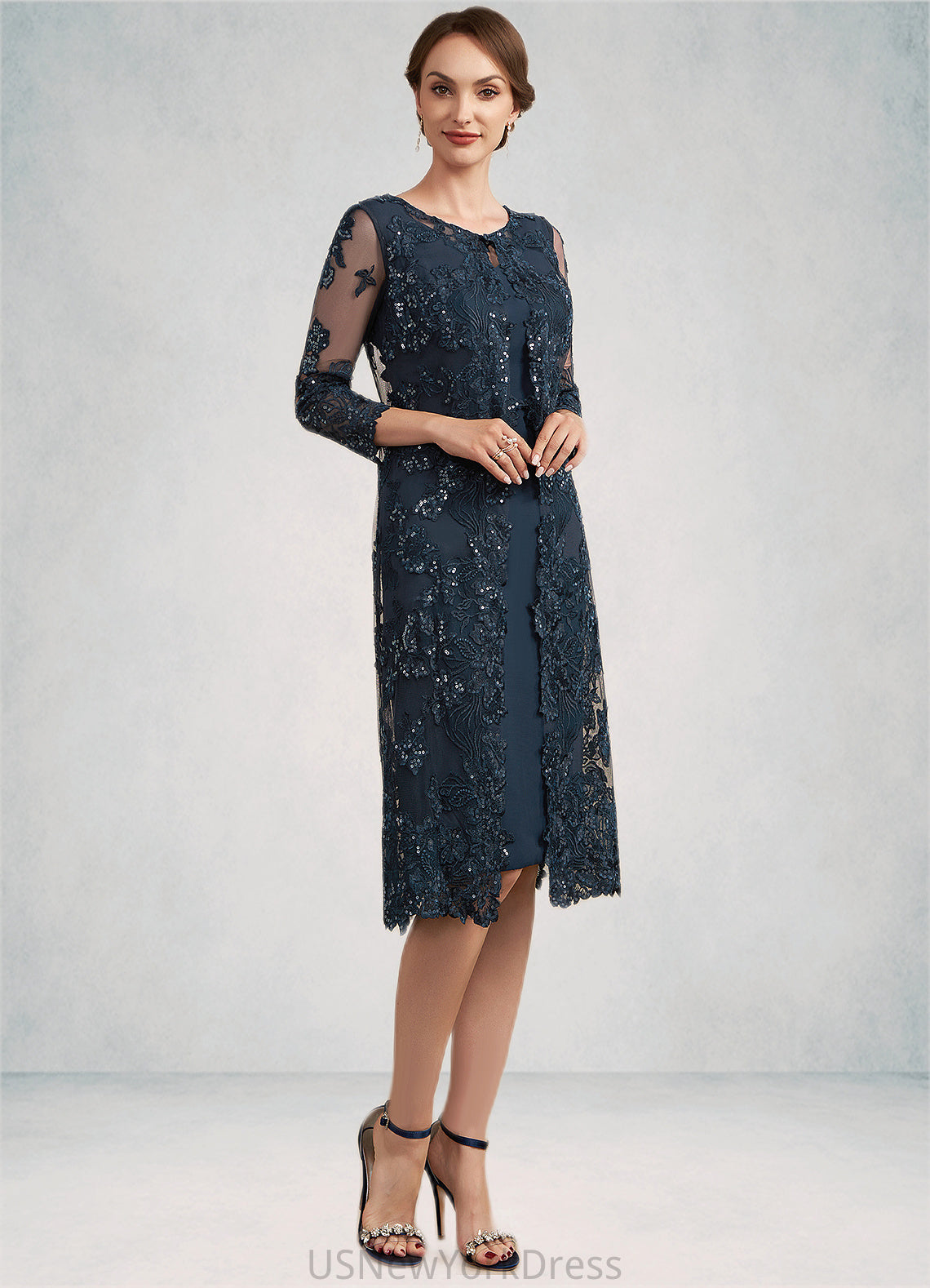 Marlie Sheath/Column Scoop Neck Knee-Length Chiffon Lace Mother of the Bride Dress With Sequins DJ126P0014771