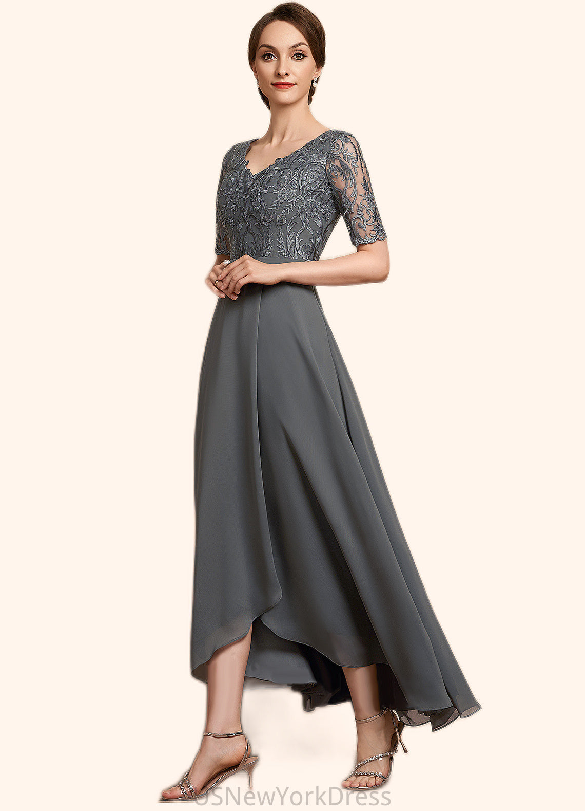 Lily A-Line V-neck Asymmetrical Chiffon Lace Mother of the Bride Dress DJ126P0014772