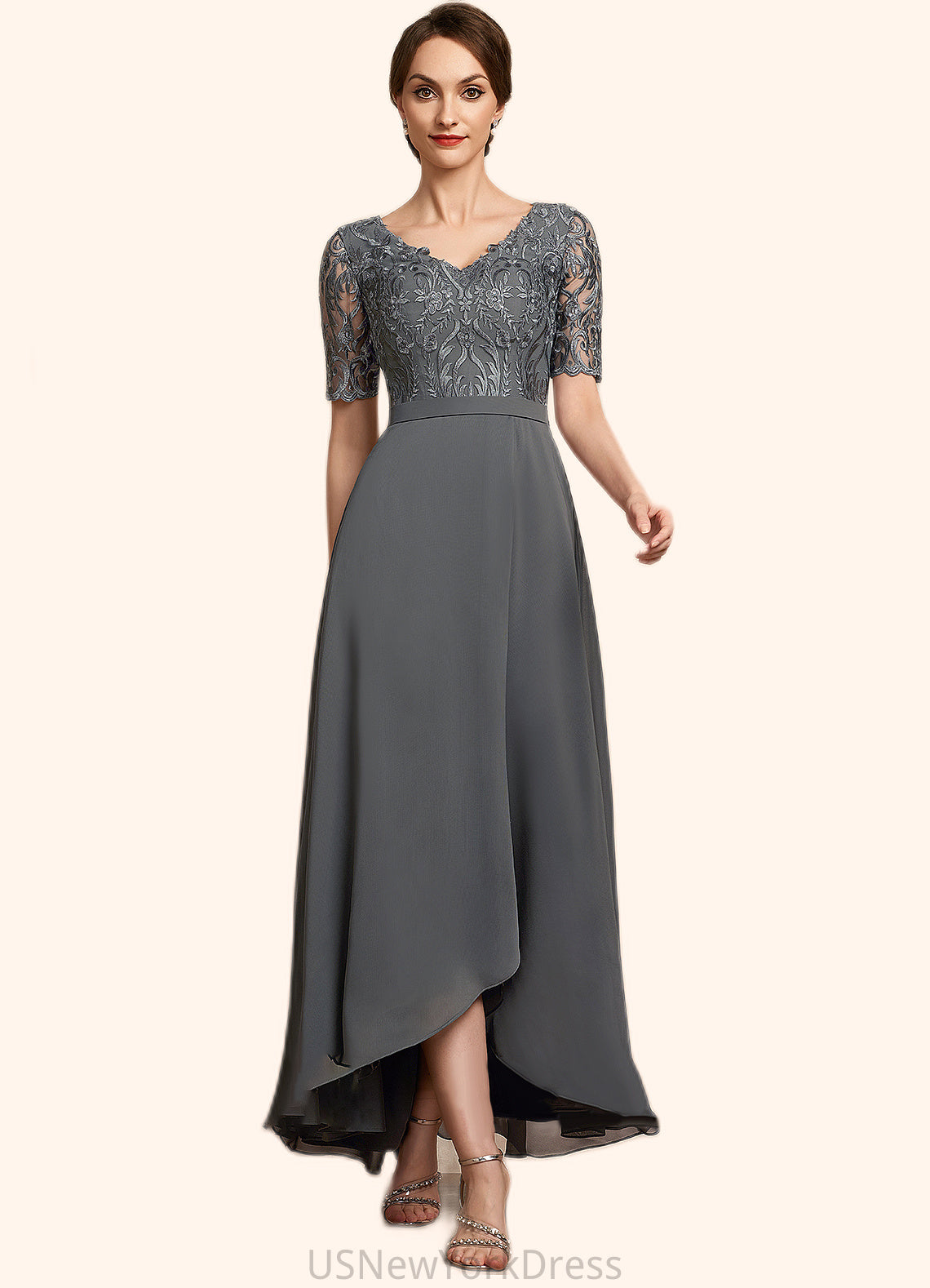 Lily A-Line V-neck Asymmetrical Chiffon Lace Mother of the Bride Dress DJ126P0014772