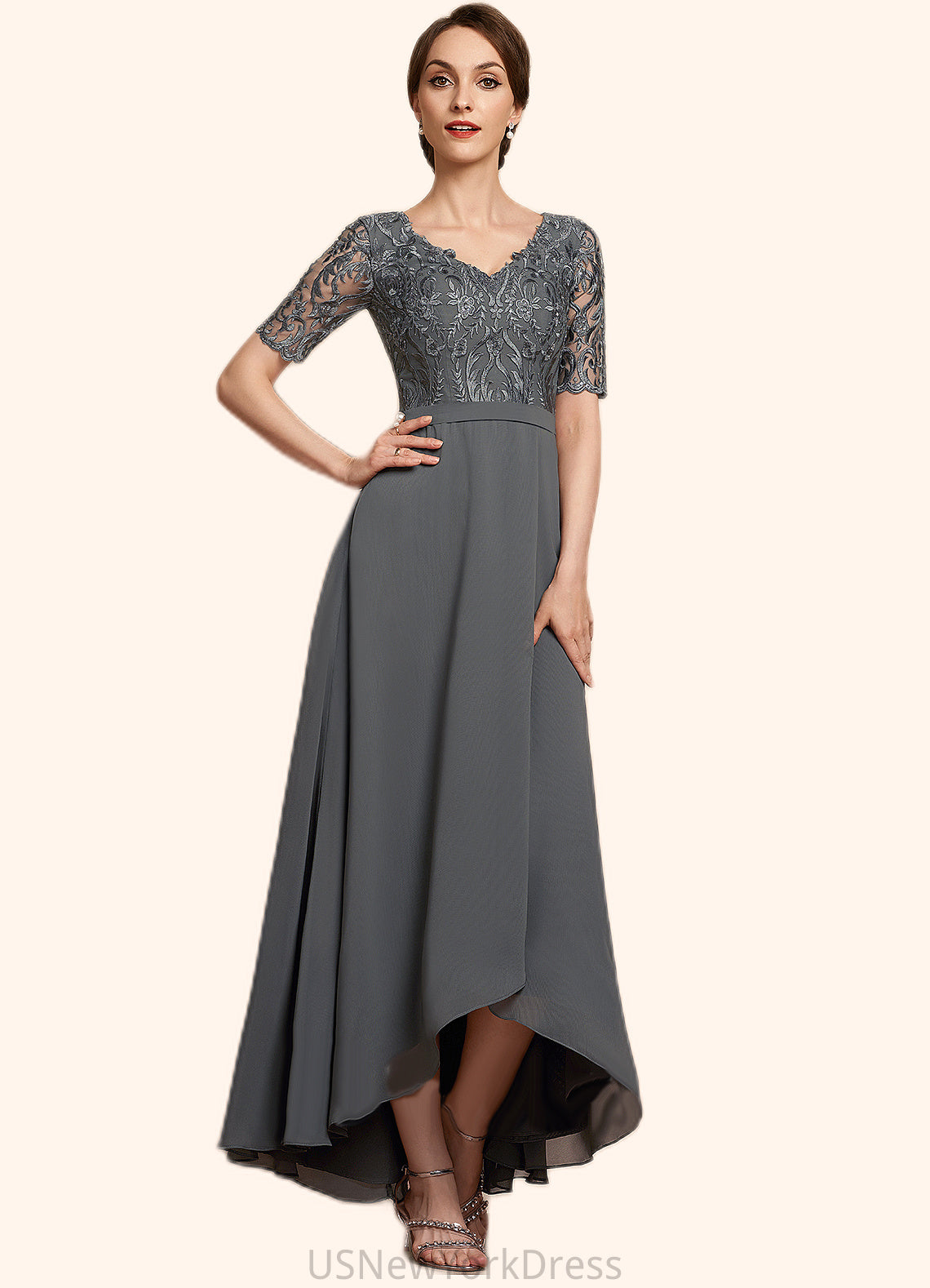 Lily A-Line V-neck Asymmetrical Chiffon Lace Mother of the Bride Dress DJ126P0014772