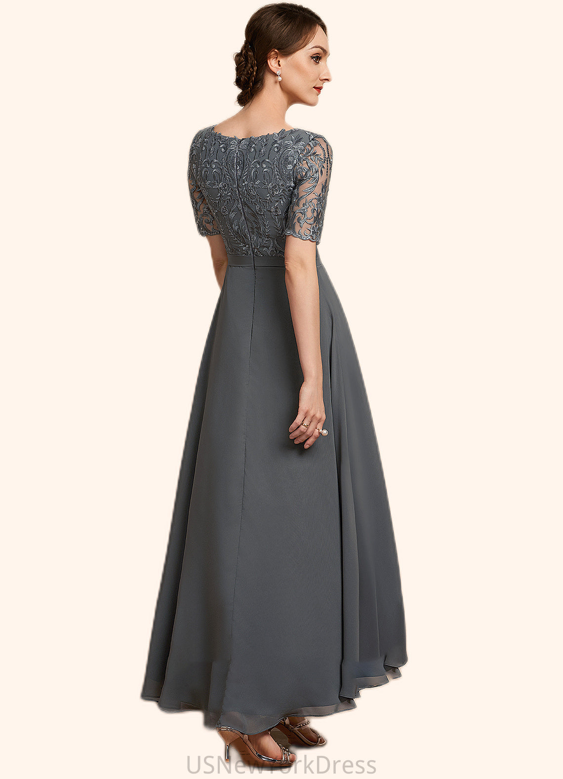 Lily A-Line V-neck Asymmetrical Chiffon Lace Mother of the Bride Dress DJ126P0014772