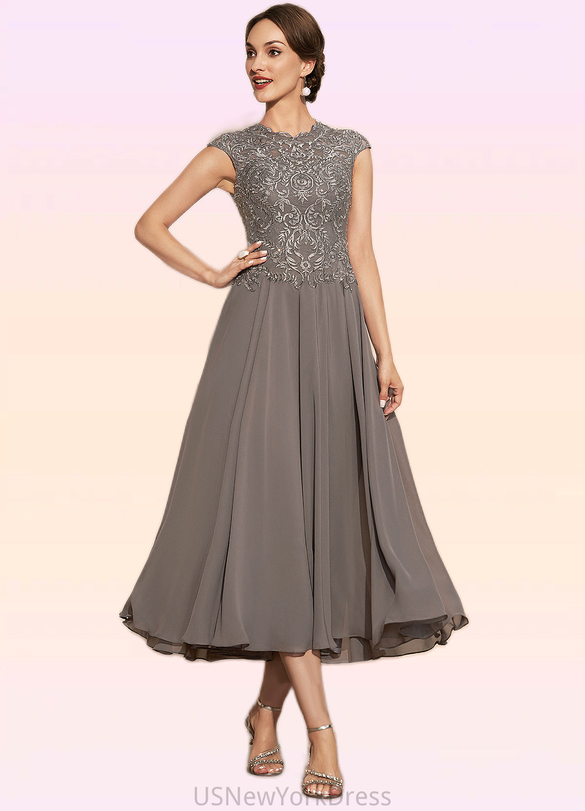 Willow A-Line Scoop Neck Tea-Length Chiffon Lace Mother of the Bride Dress With Beading DJ126P0014774