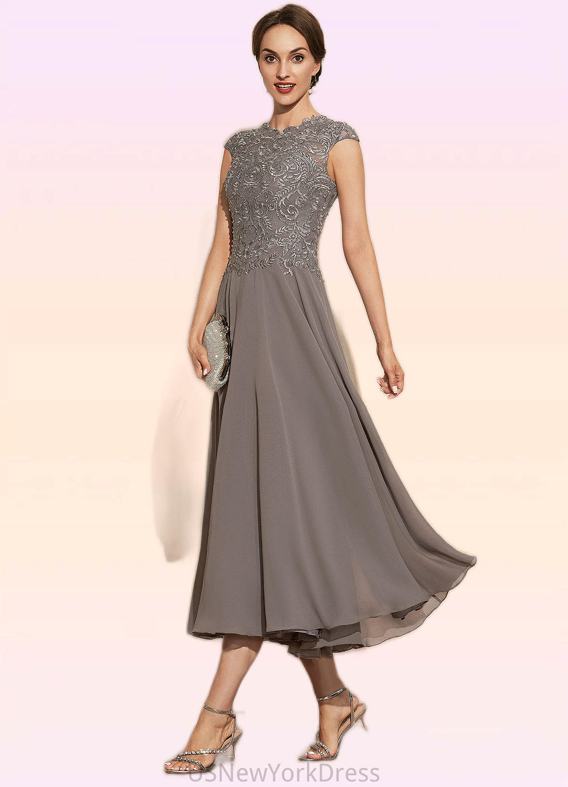 Willow A-Line Scoop Neck Tea-Length Chiffon Lace Mother of the Bride Dress With Beading DJ126P0014774