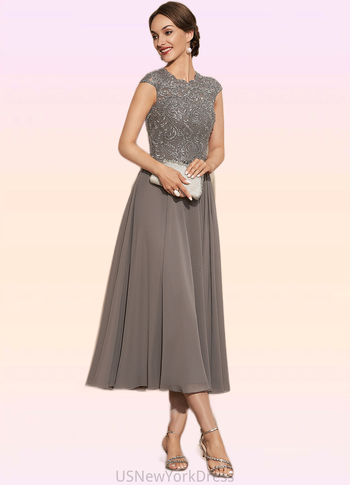 Willow A-Line Scoop Neck Tea-Length Chiffon Lace Mother of the Bride Dress With Beading DJ126P0014774