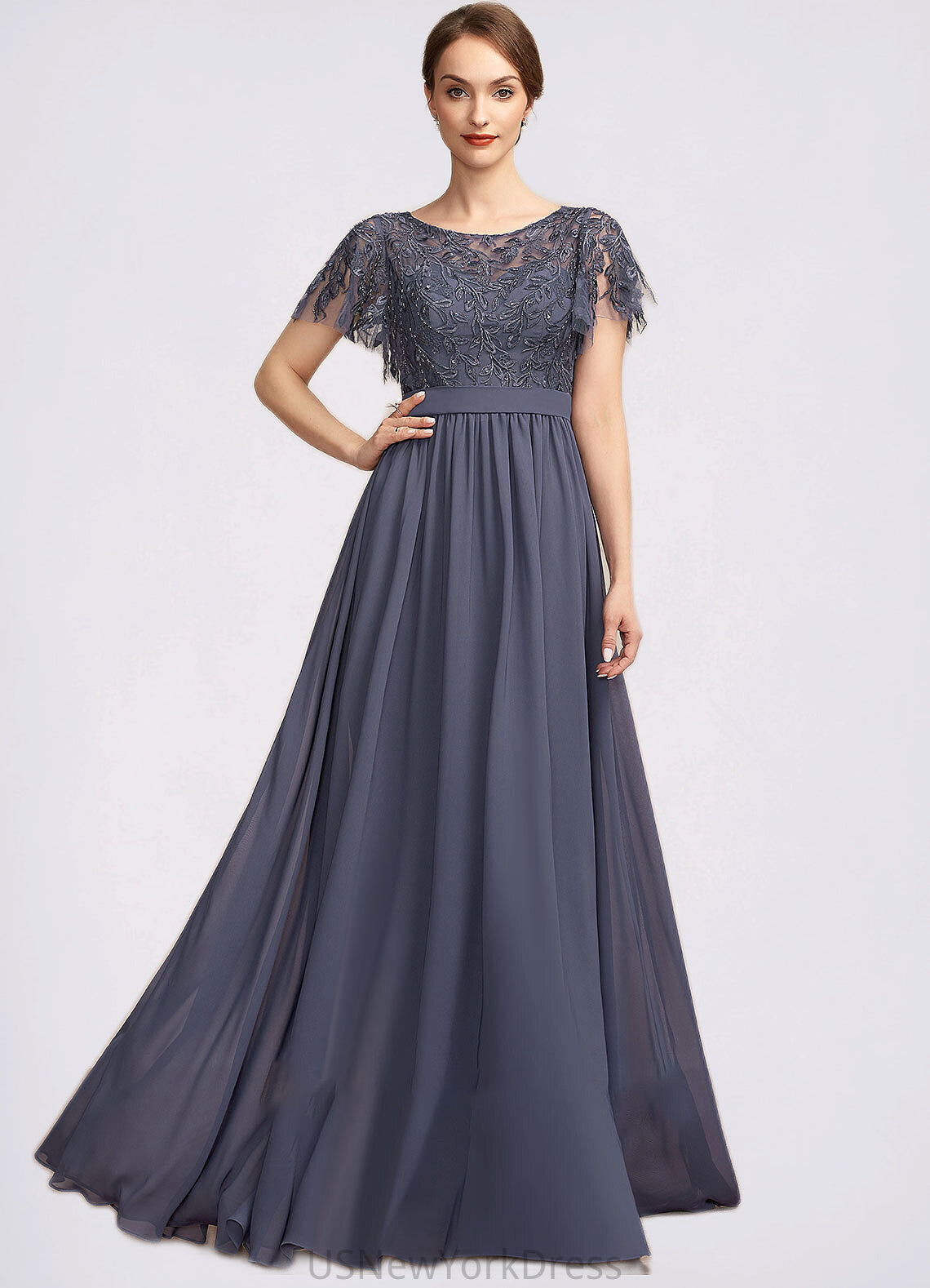 Esme A-Line Scoop Neck Floor-Length Chiffon Lace Mother of the Bride Dress With Sequins DJ126P0014775