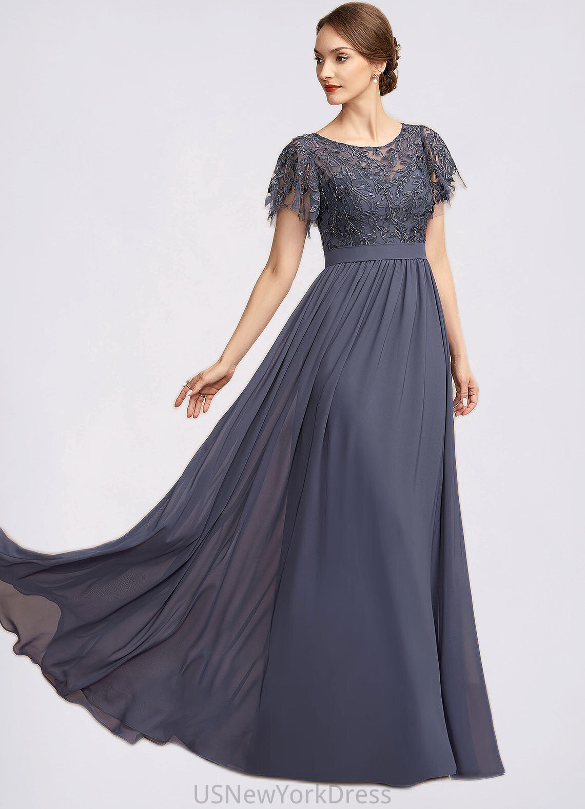 Esme A-Line Scoop Neck Floor-Length Chiffon Lace Mother of the Bride Dress With Sequins DJ126P0014775