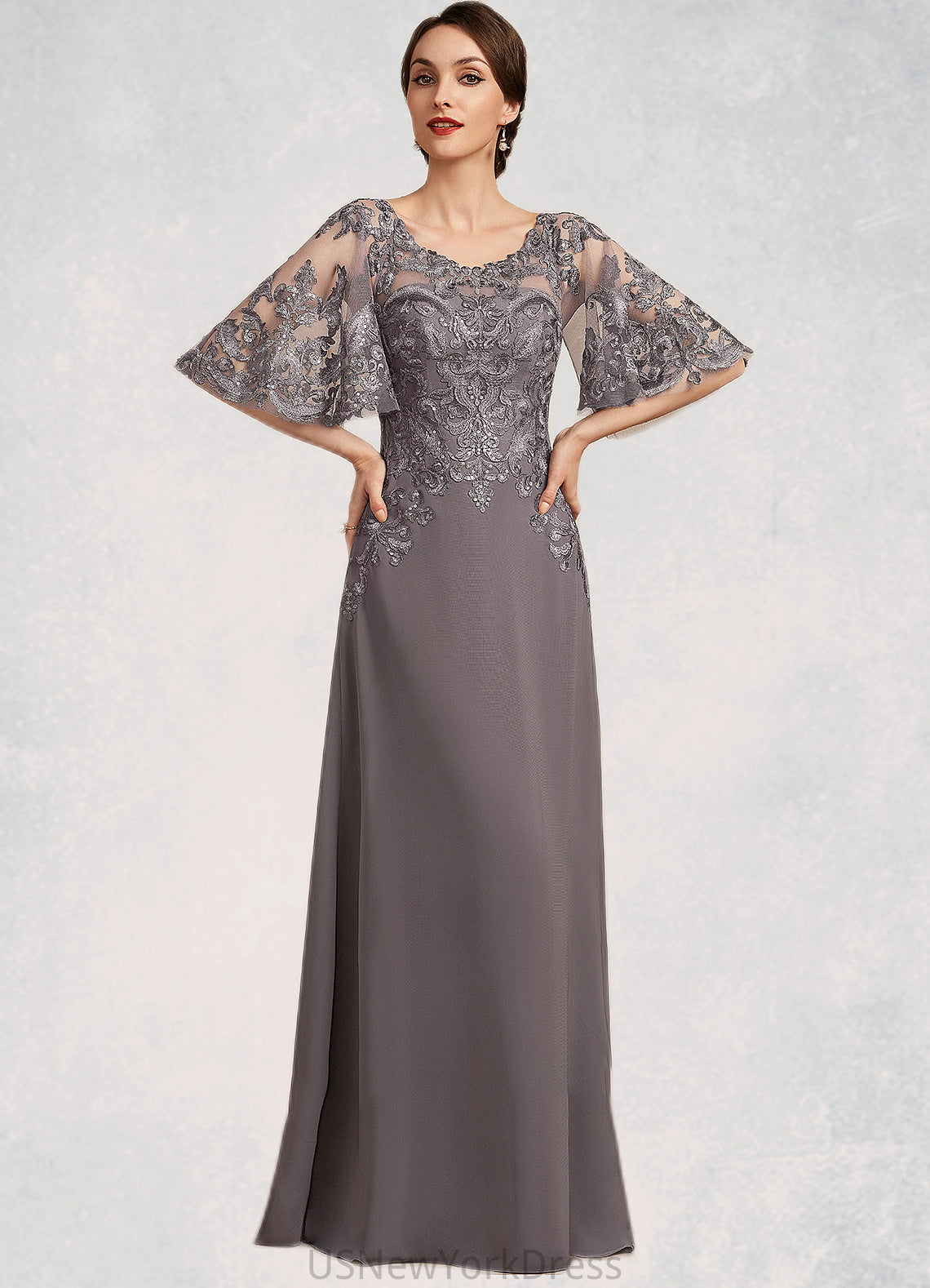 Aubrey A-Line Scoop Neck Floor-Length Chiffon Lace Mother of the Bride Dress With Sequins DJ126P0014776