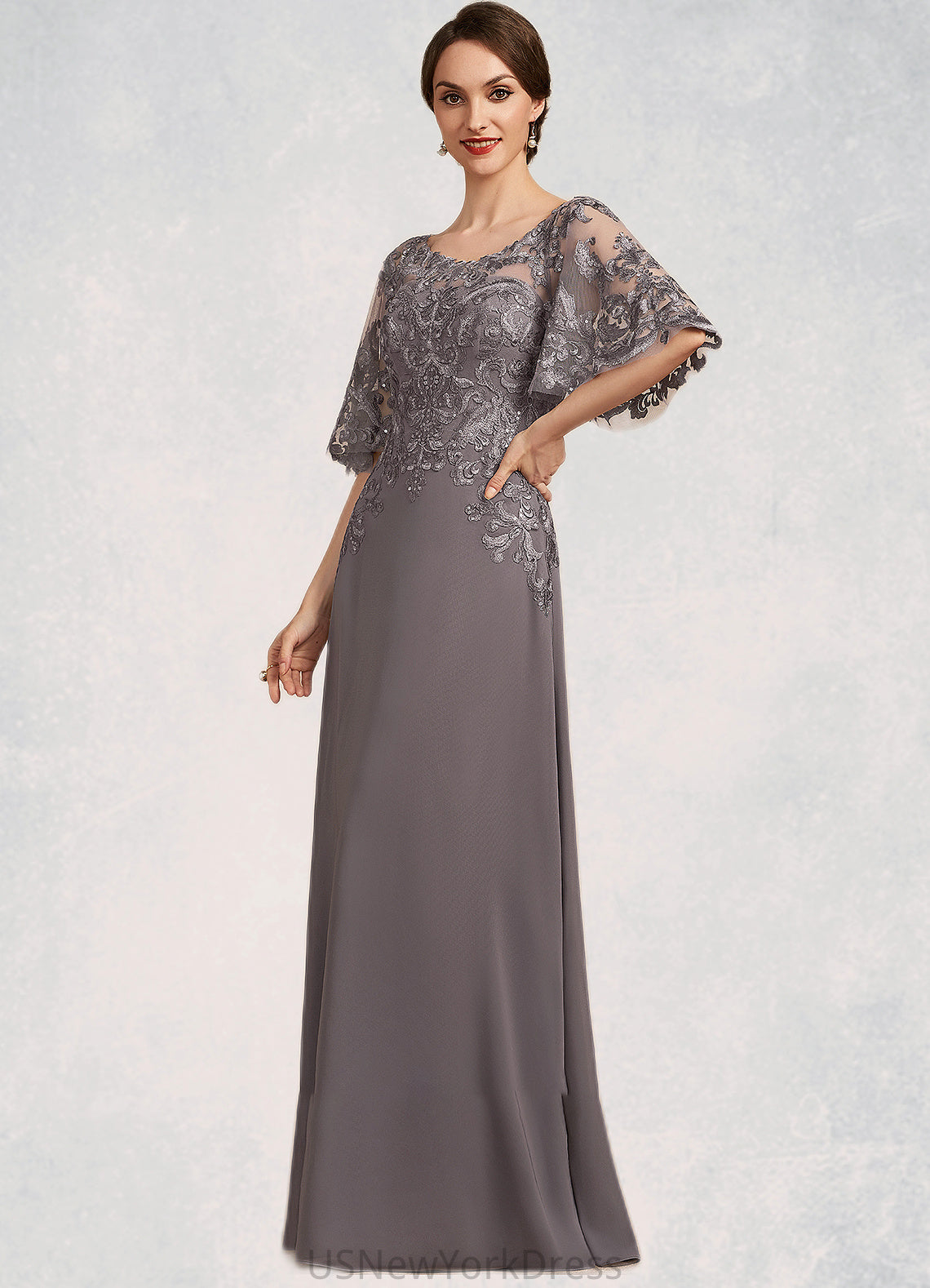 Aubrey A-Line Scoop Neck Floor-Length Chiffon Lace Mother of the Bride Dress With Sequins DJ126P0014776