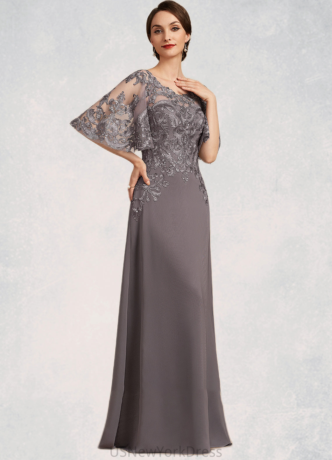 Aubrey A-Line Scoop Neck Floor-Length Chiffon Lace Mother of the Bride Dress With Sequins DJ126P0014776