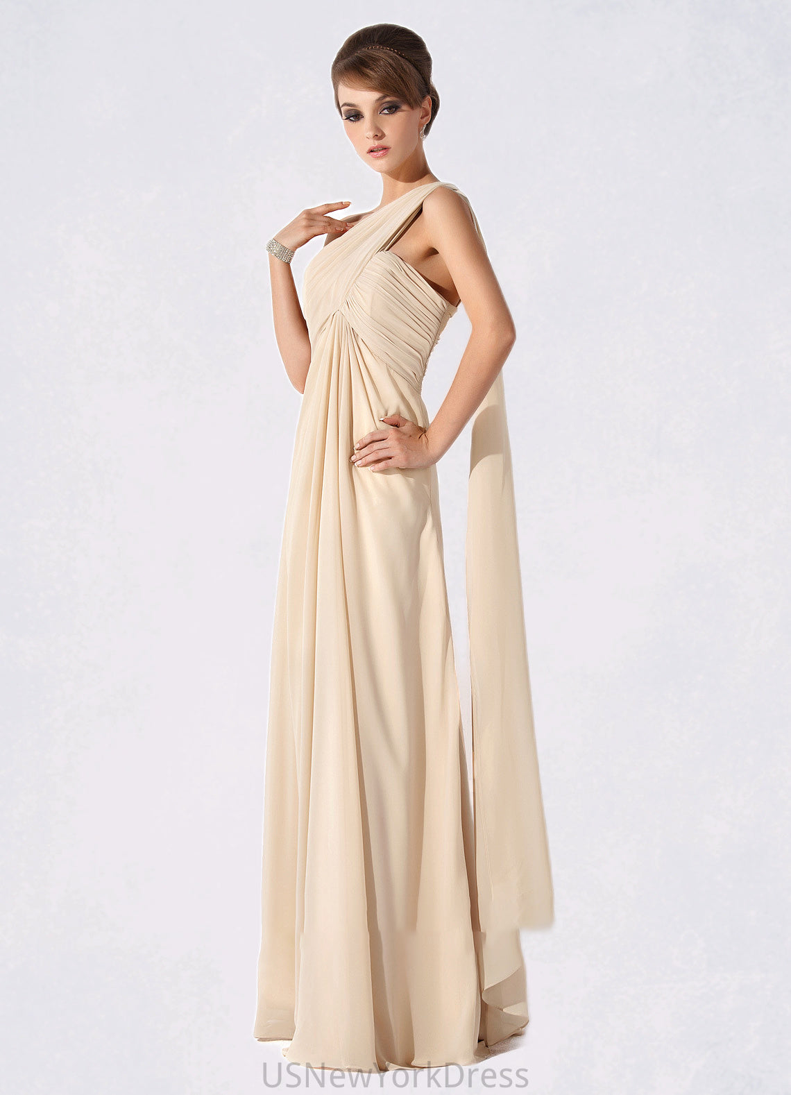 Claire Empire One-Shoulder Floor-Length Chiffon Mother of the Bride Dress With Ruffle DJ126P0014777