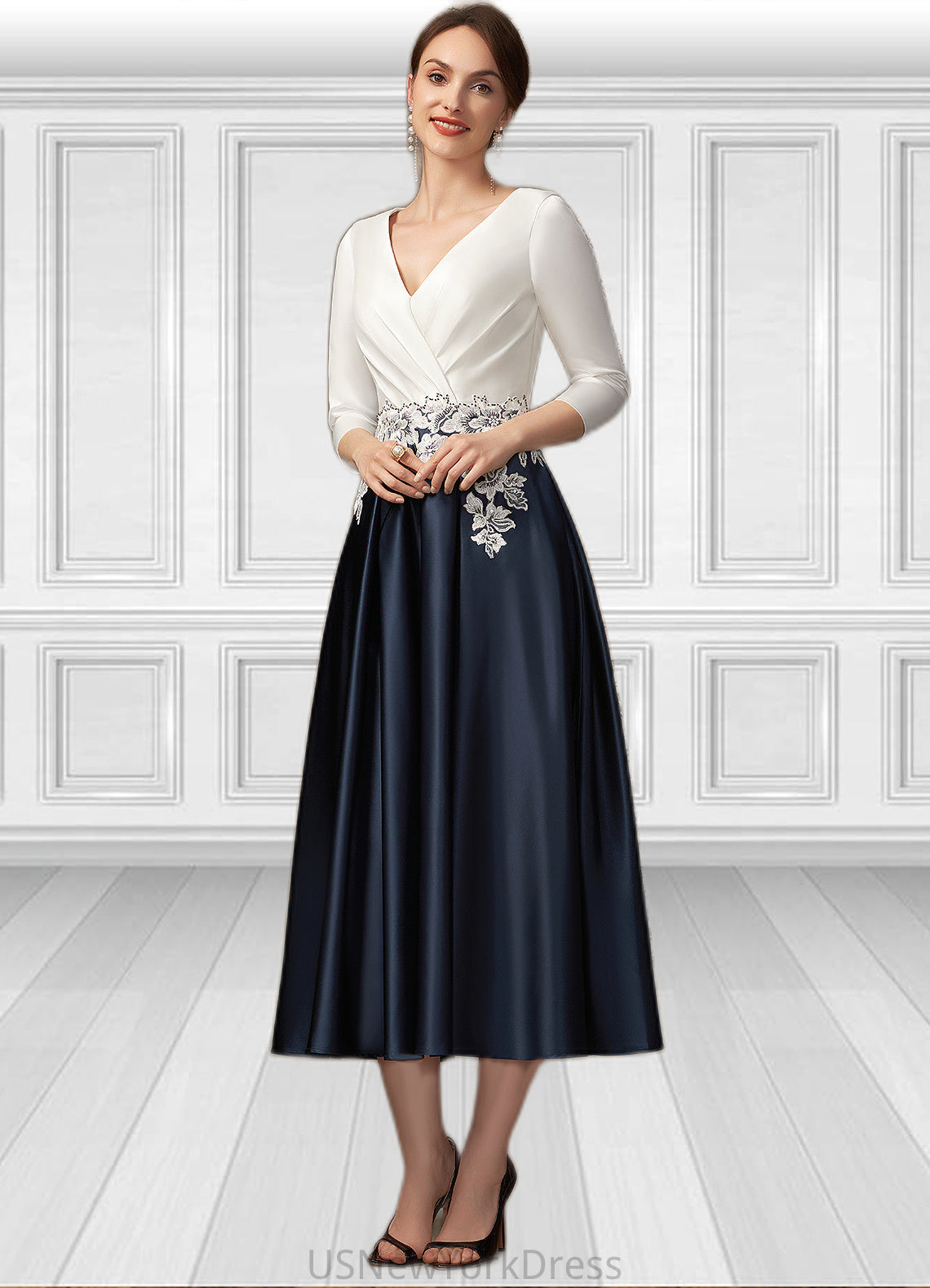 Jasmin A-Line V-neck Tea-Length Satin Mother of the Bride Dress With Ruffle Appliques Lace Pockets DJ126P0014778